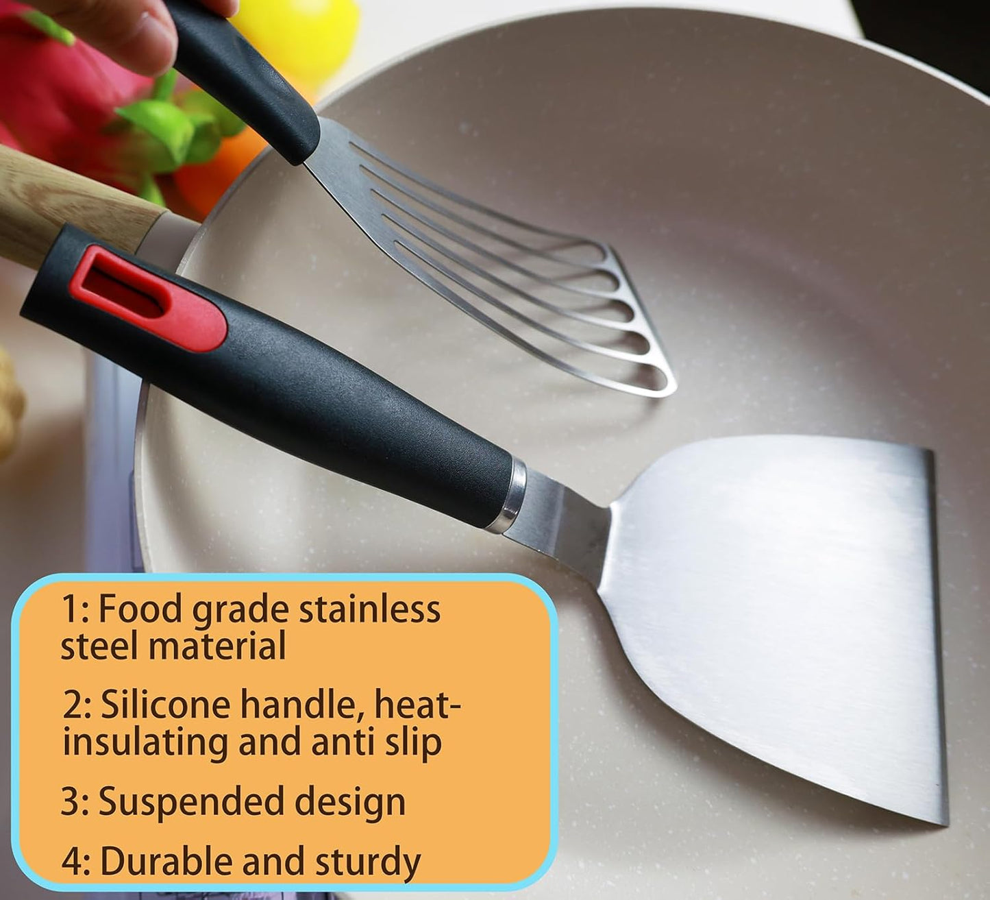 Spatula Set Stainless Steel Kitchen Metal Spatula for Cast Iron Skillet with Silicone Handle, Fish Spatula Turner Flipper for Pancake Burger Egg Cooking Spatulas BBQ Grill Griddle