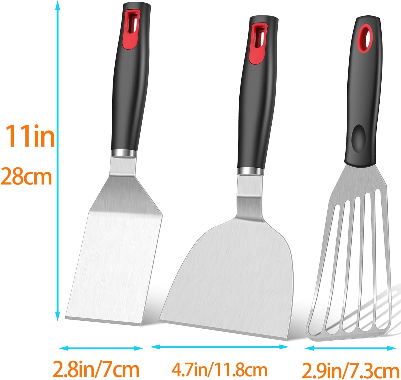 Spatula Set Stainless Steel Kitchen Metal Spatula for Cast Iron Skillet with Silicone Handle, Fish Spatula Turner Flipper for Pancake Burger Egg Cooking Spatulas BBQ Grill Griddle