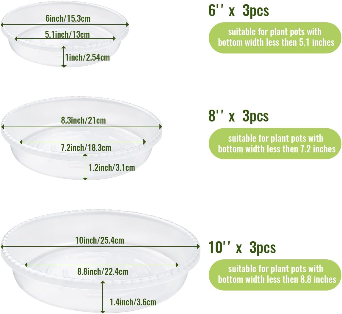 9 Pack Clear Plastic Plant Saucer, Durable Plant Trays Flower Plant Pot Saucer Plant Container Accessories for Indoors & Outdoors, Stop Messes & Stains in Your Garden (6"+8"+10")