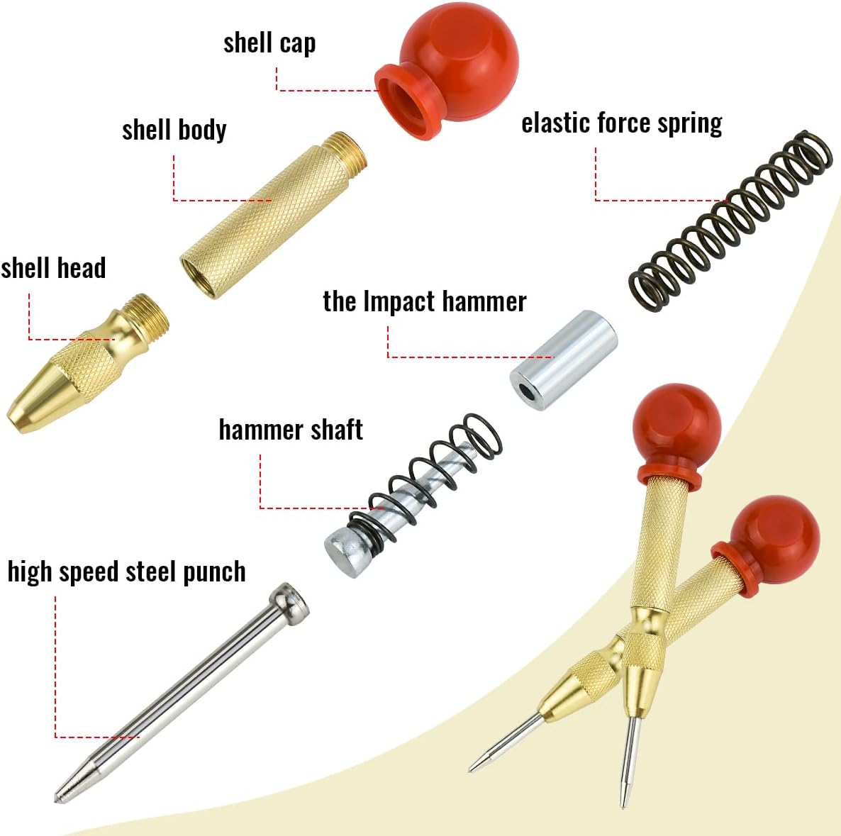 2 Pack Automatic Center Punch, 5 Inch Crushing Hand Tool Spring Punch with Cushion Cap, Metal Impact Center Hole Punch for Metal Wood Glass Plastic(Gold)