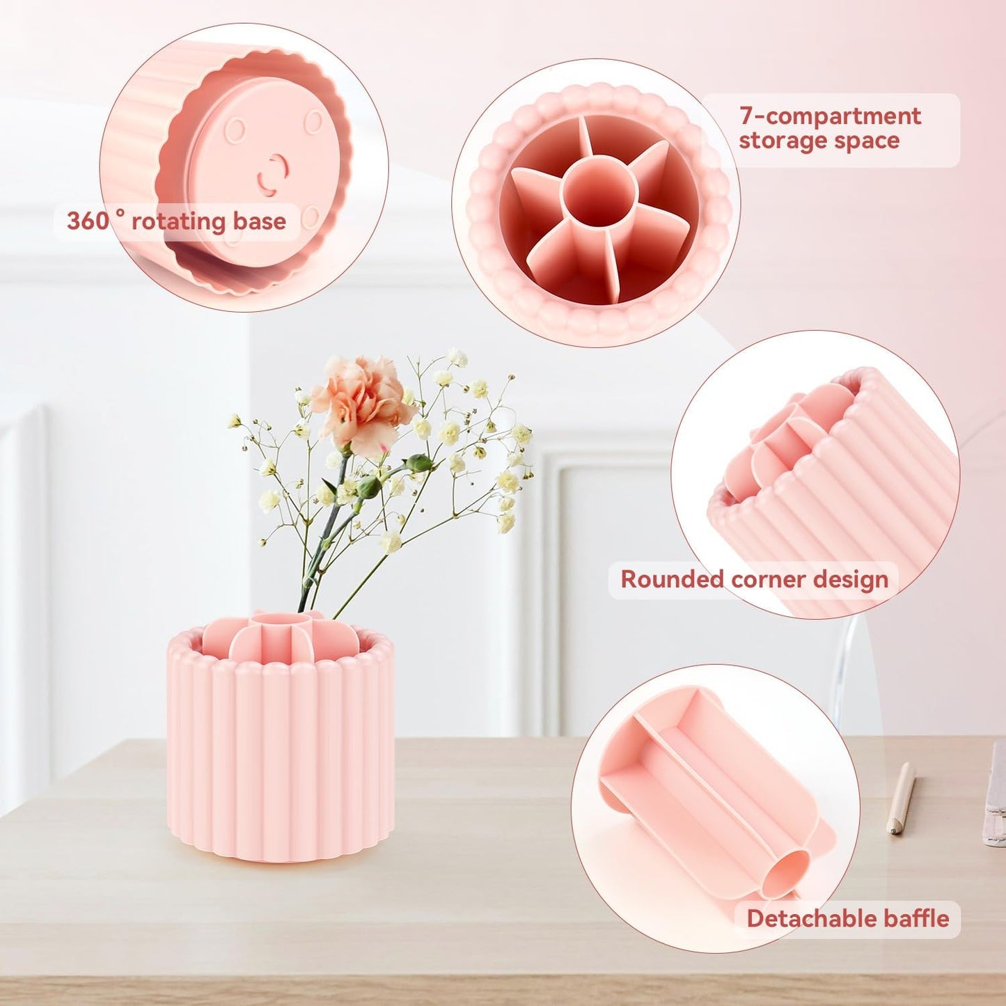 1 Pack 360° Rotating Makeup Brush Organizer, 7 Slot Make up Brush Holder for Vanity, Dresser, Desk (Pink)