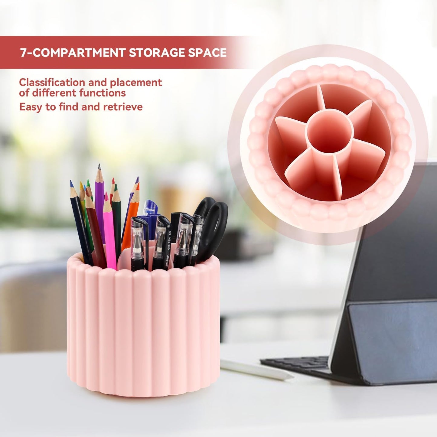 1 Pack 360° Rotating Makeup Brush Organizer, 7 Slot Make up Brush Holder for Vanity, Dresser, Desk (Pink)