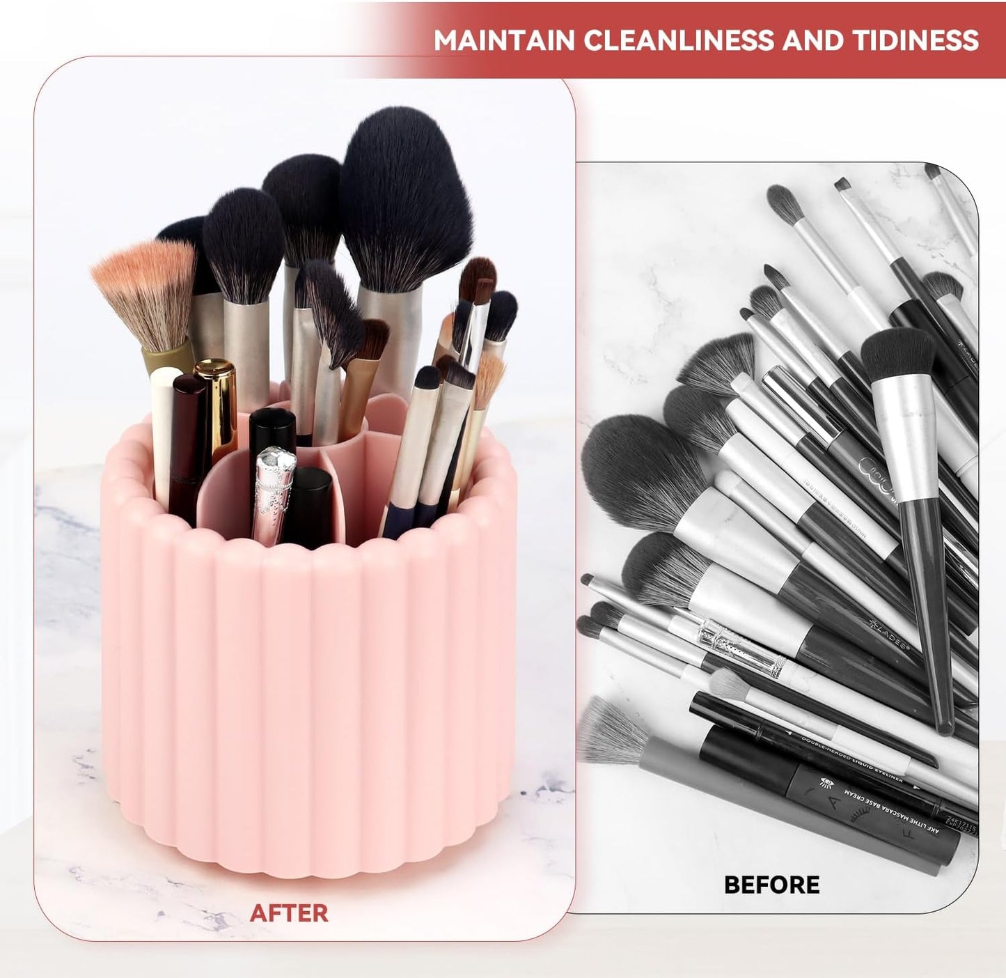 1 Pack 360° Rotating Makeup Brush Organizer, 7 Slot Make up Brush Holder for Vanity, Dresser, Desk (Pink)