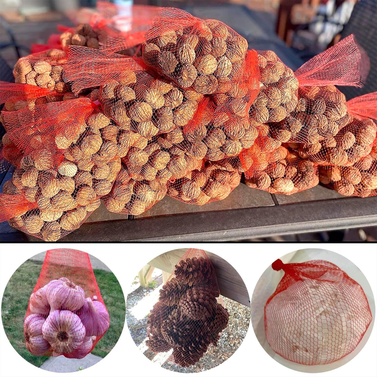 100Pcs Reusable Mesh Produce Bags Nylon Netting, 20 Inch Red Seafood Bag Onion Potato Garlic Storage Bag