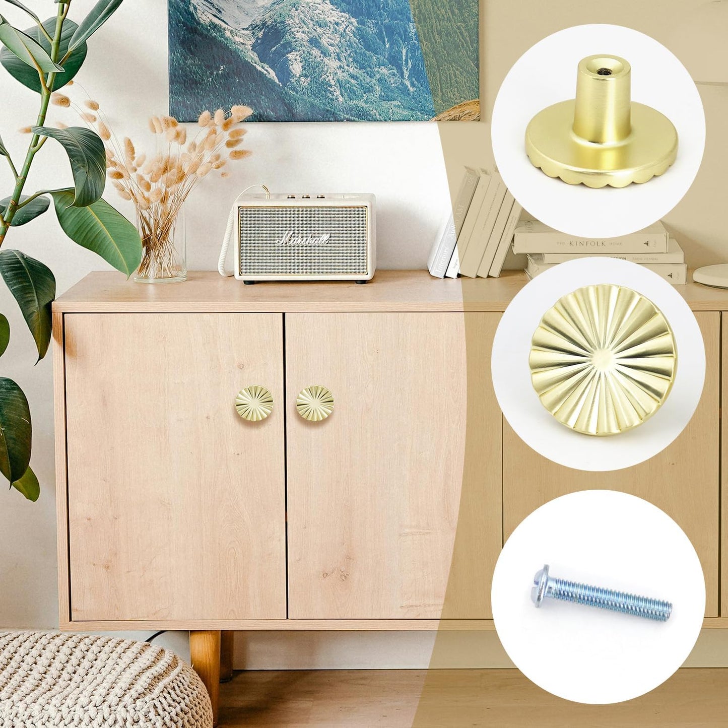 4 Pack Cabinet Knobs Zinc Alloy Solid Kitchen Cabinet Pulls Brushed Gold Drawer Knobs Dresser Cabinet Handles (37 mm)
