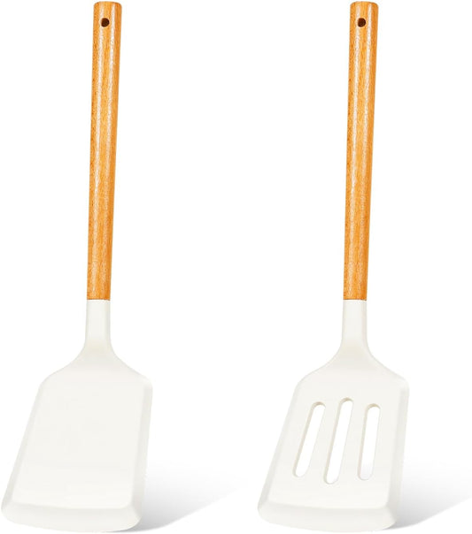 2Pcs Silicone Spatula Set Turner Heat Resistant for Nonstick Cookware Rubber Wok Turner with Wood Handle, Plastic Spatula Silicone for Cooking Use Kitchen Utensils Set White