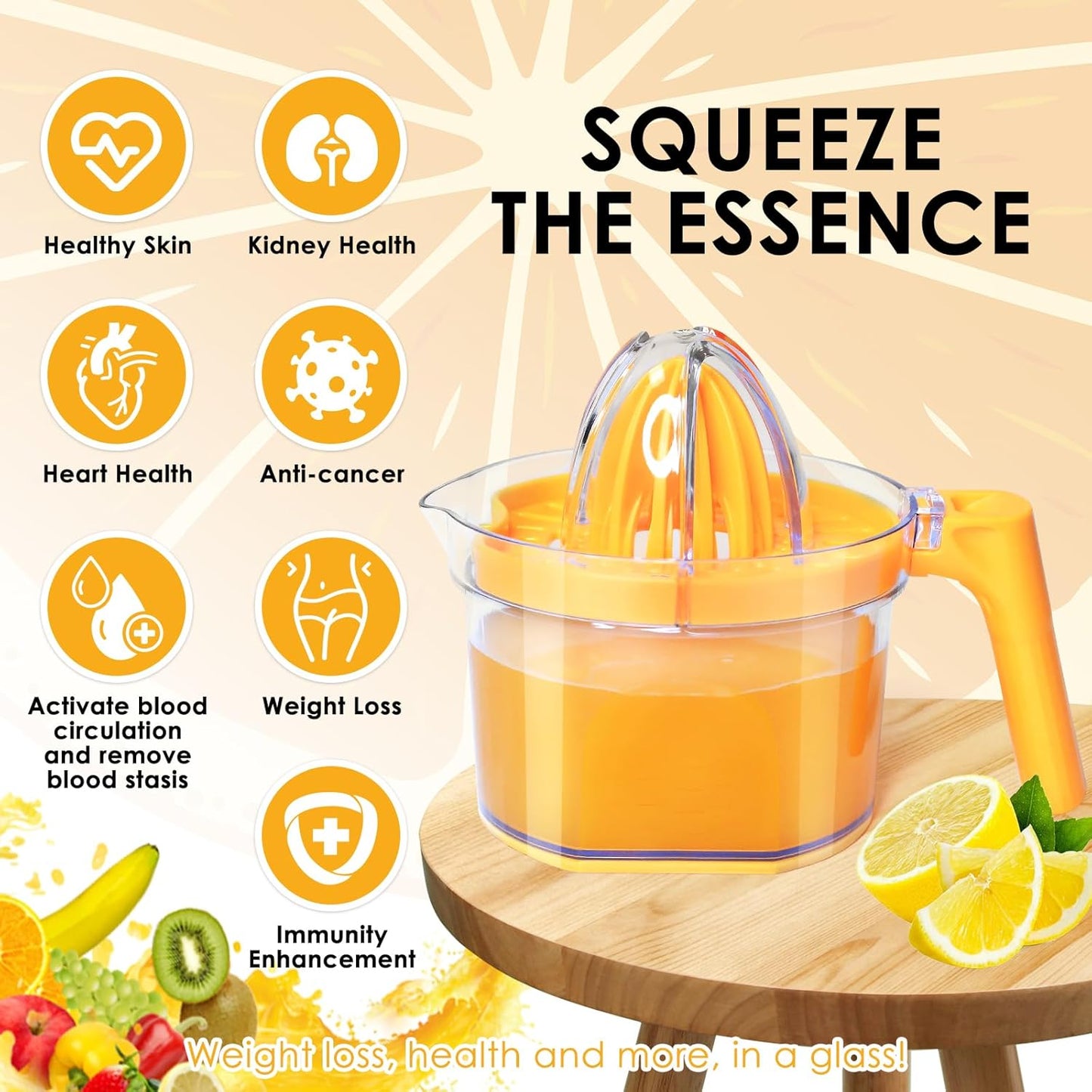 Lemon Squeezer 4-in-1 Lemon Hand Juicer -  Manual Orange Juicer Multifunctional Lemons Lime Squeezer, Citrus Juicers Press Fruit with Detachable Comfortable Handle, 16.9oz Capacity (ORANGE)