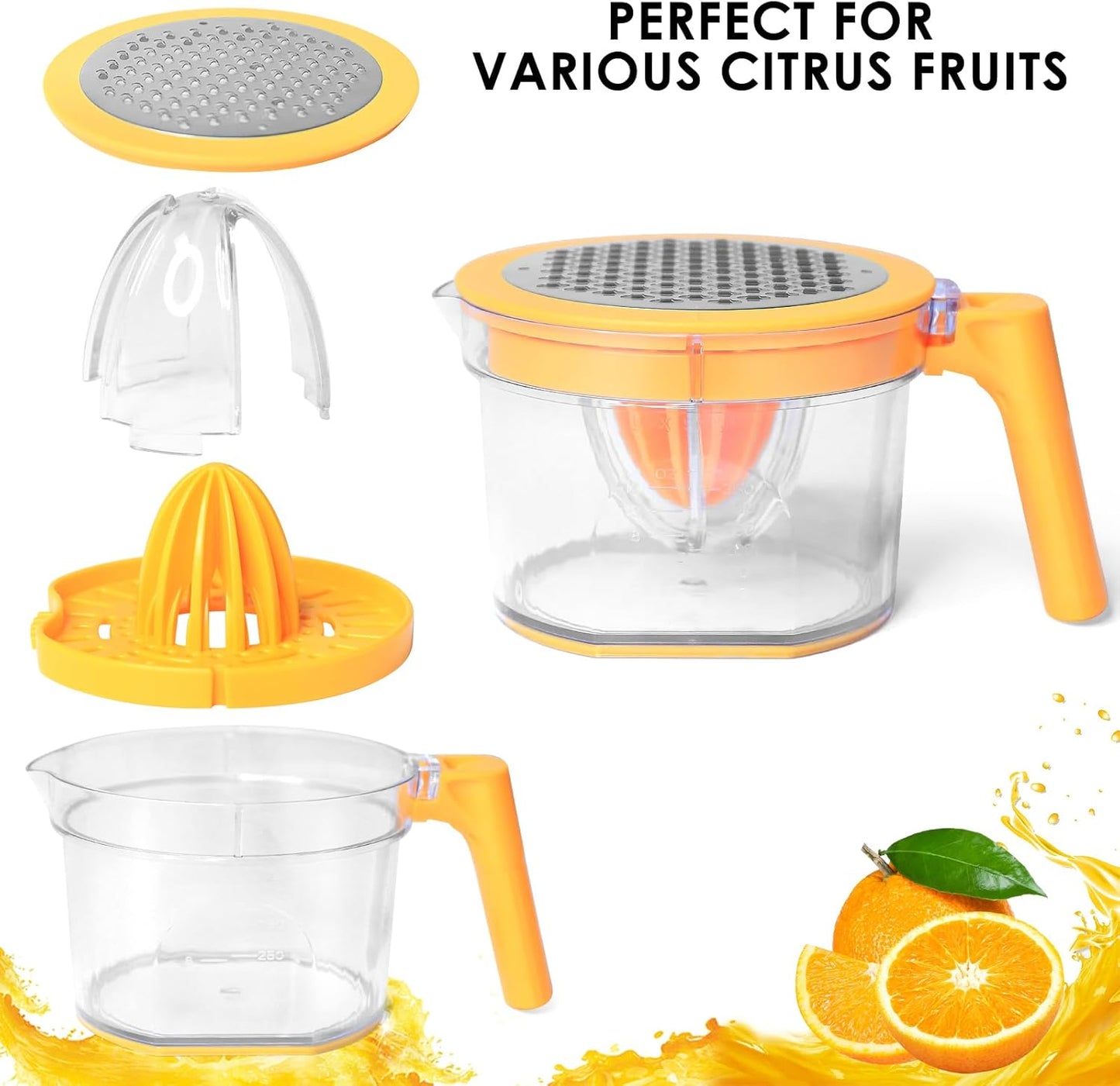 Lemon Squeezer 4-in-1 Lemon Hand Juicer -  Manual Orange Juicer Multifunctional Lemons Lime Squeezer, Citrus Juicers Press Fruit with Detachable Comfortable Handle, 16.9oz Capacity (ORANGE)