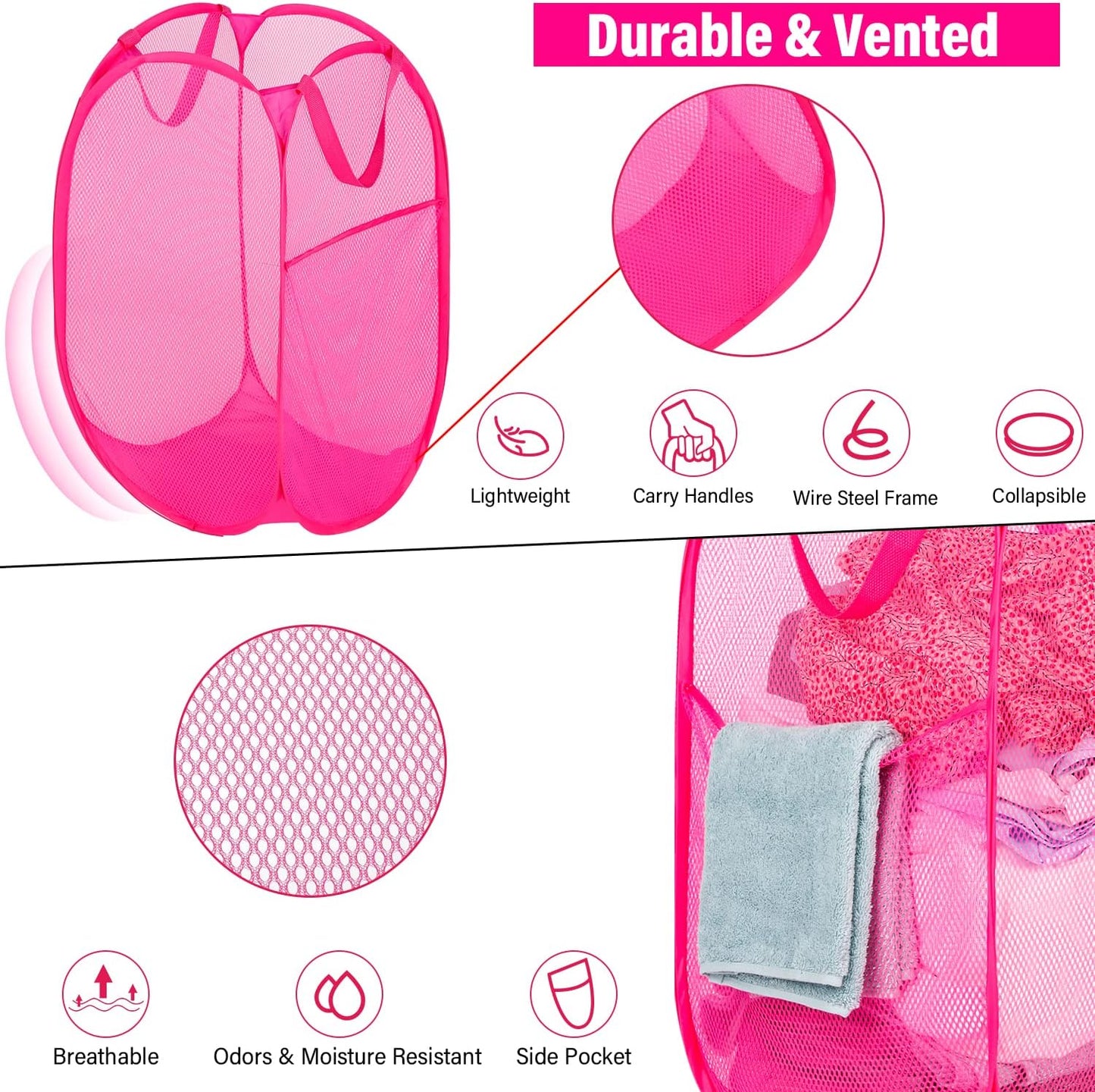 Deluxe Strong Mesh Pop up Laundry Hamper Basket with Side Pocket for Laundry Room, Bathroom, Kids Room, College Dorm or Travel Blush