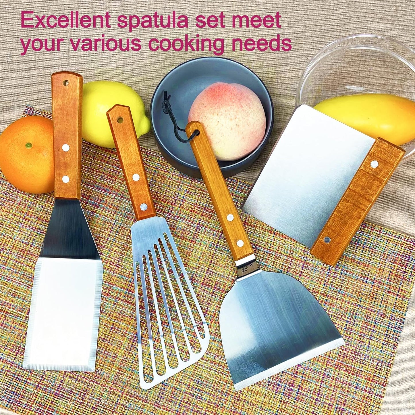 Spatula, Metal Spatulas Set, Stainless Steel Spatula, Fish Spatula Turner Cooking BBQ Grill Griddle Spatula, Metal Spatula for Cast Iron Skillet, Small Wide Kitchen Spatulas with Wood Handle