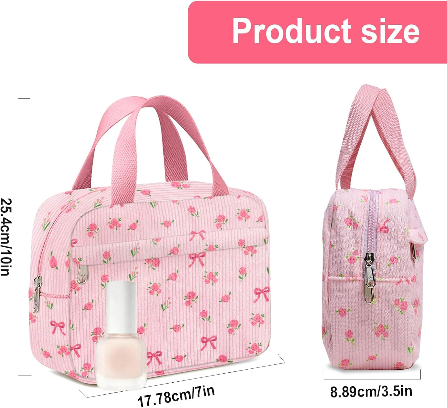 Small Makeup Bag for Purse Cute Corduroy Cosmetic Pouch with Zipper Travel Toiletry Bag for Women(Flower bow pink)