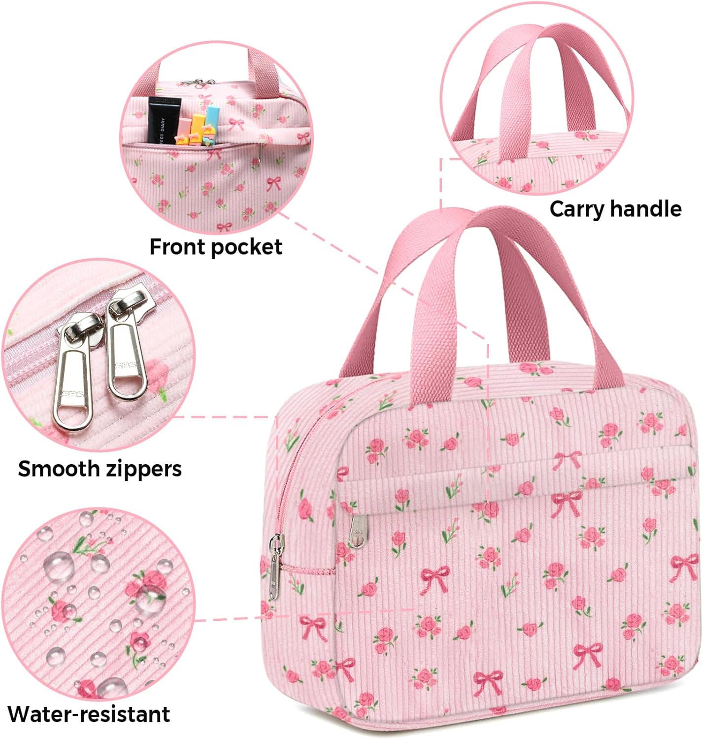 Small Makeup Bag for Purse Cute Corduroy Cosmetic Pouch with Zipper Travel Toiletry Bag for Women(Flower bow pink)