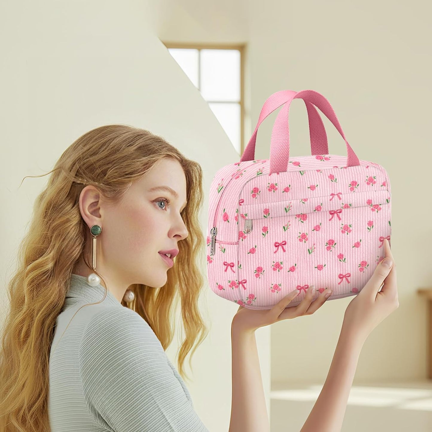Small Makeup Bag for Purse Cute Corduroy Cosmetic Pouch with Zipper Travel Toiletry Bag for Women(Flower bow pink)