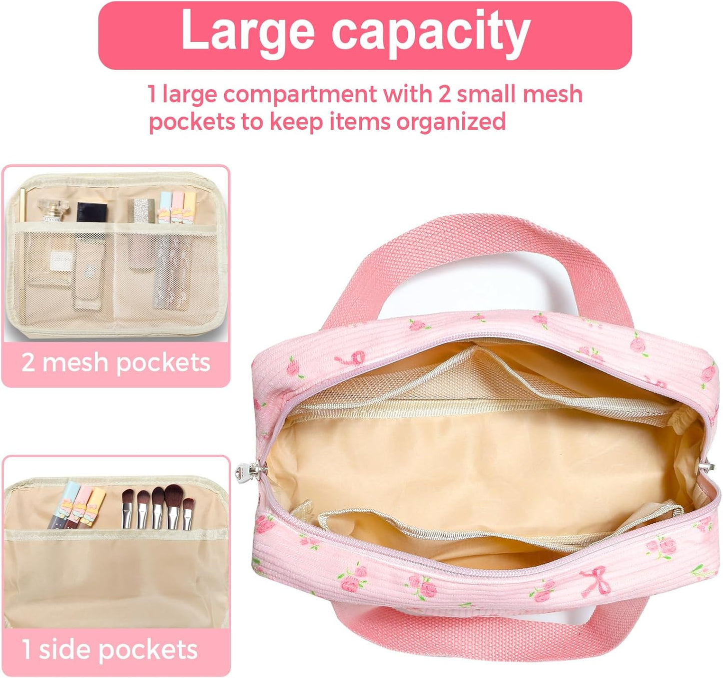 Small Makeup Bag for Purse Cute Corduroy Cosmetic Pouch with Zipper Travel Toiletry Bag for Women(Flower bow pink)