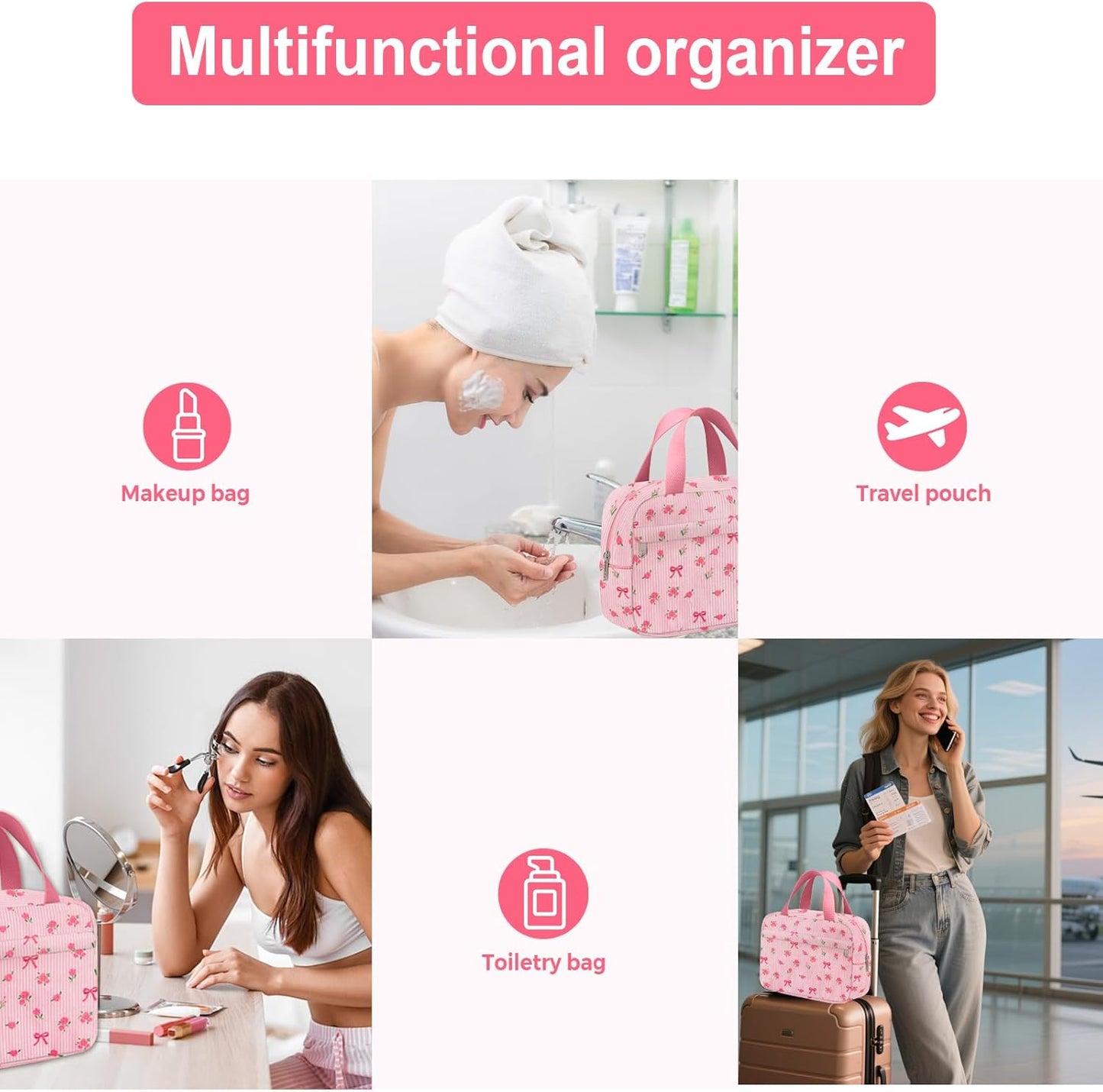 Small Makeup Bag for Purse Cute Corduroy Cosmetic Pouch with Zipper Travel Toiletry Bag for Women(Flower bow pink)