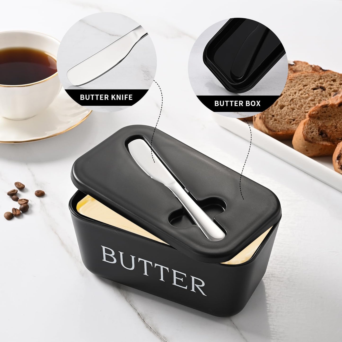Large Plastic Butter Dish With Lid And Knife,Food Grade PP Butter Holder Keeper With Cover For Kitchen Refrigerator Black Butter Container