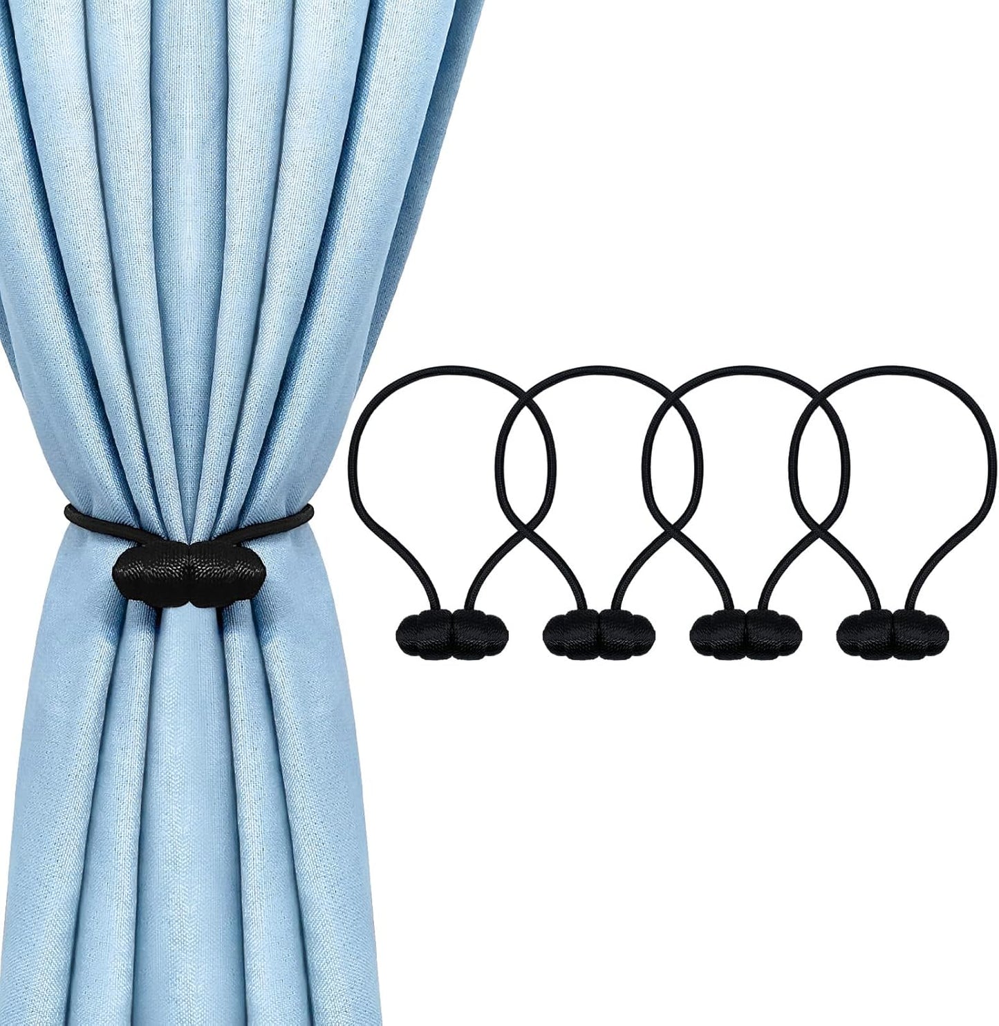 Black Magnetic Curtain Tiebacks - 4pcs Decorative Curtain Tie Backs, No Drill Closure Drapery Tiebacks Holdbacks, Boho Drapes Straps Ropes for Bedroom, Bathroom, Farmhouse Decor