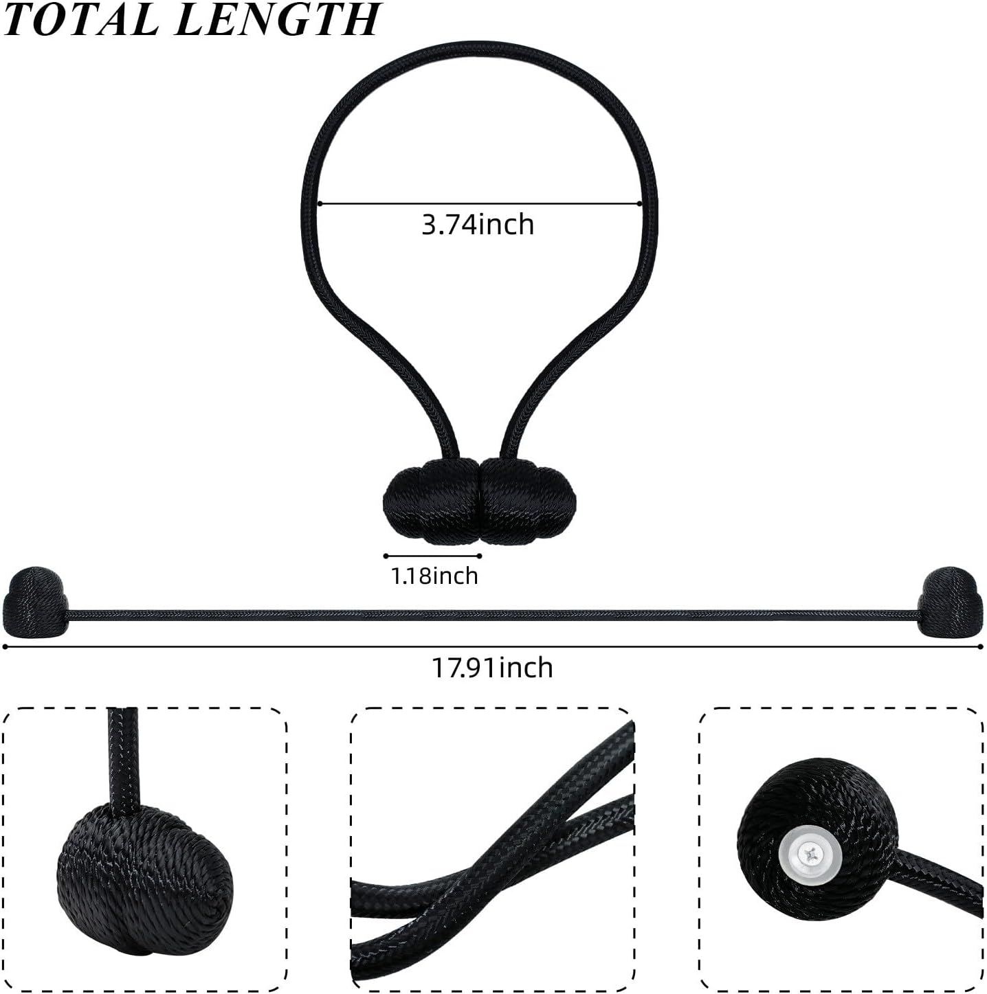 Black Magnetic Curtain Tiebacks - 4pcs Decorative Curtain Tie Backs, No Drill Closure Drapery Tiebacks Holdbacks, Boho Drapes Straps Ropes for Bedroom, Bathroom, Farmhouse Decor