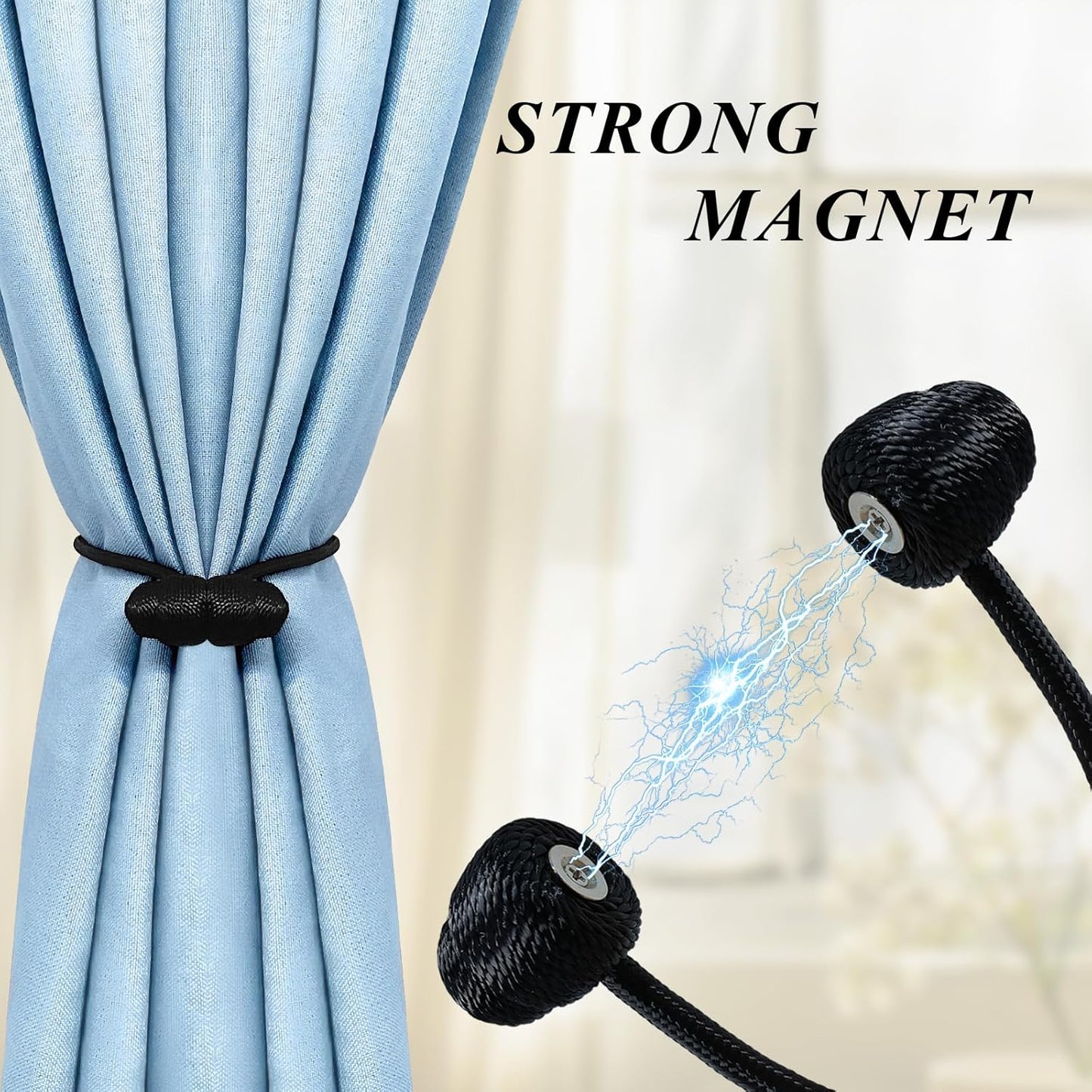 Black Magnetic Curtain Tiebacks - 4pcs Decorative Curtain Tie Backs, No Drill Closure Drapery Tiebacks Holdbacks, Boho Drapes Straps Ropes for Bedroom, Bathroom, Farmhouse Decor