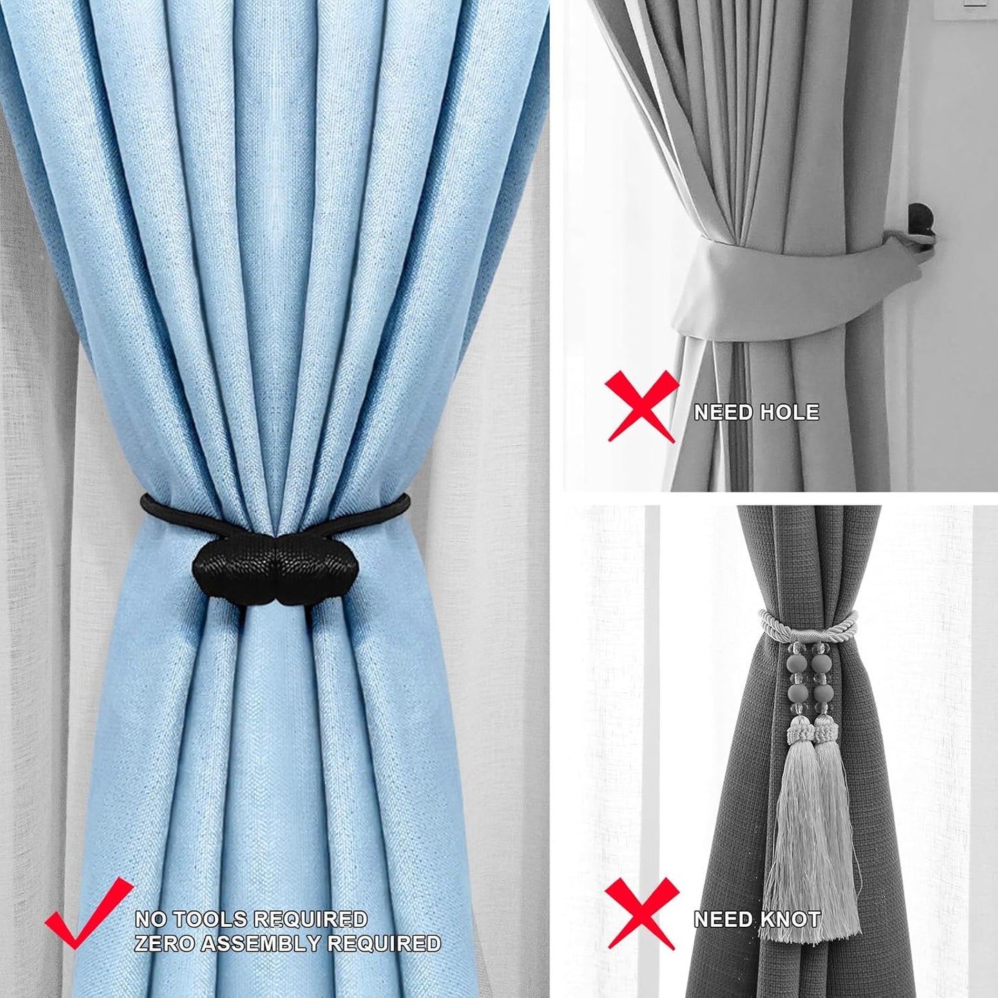 Black Magnetic Curtain Tiebacks - 4pcs Decorative Curtain Tie Backs, No Drill Closure Drapery Tiebacks Holdbacks, Boho Drapes Straps Ropes for Bedroom, Bathroom, Farmhouse Decor