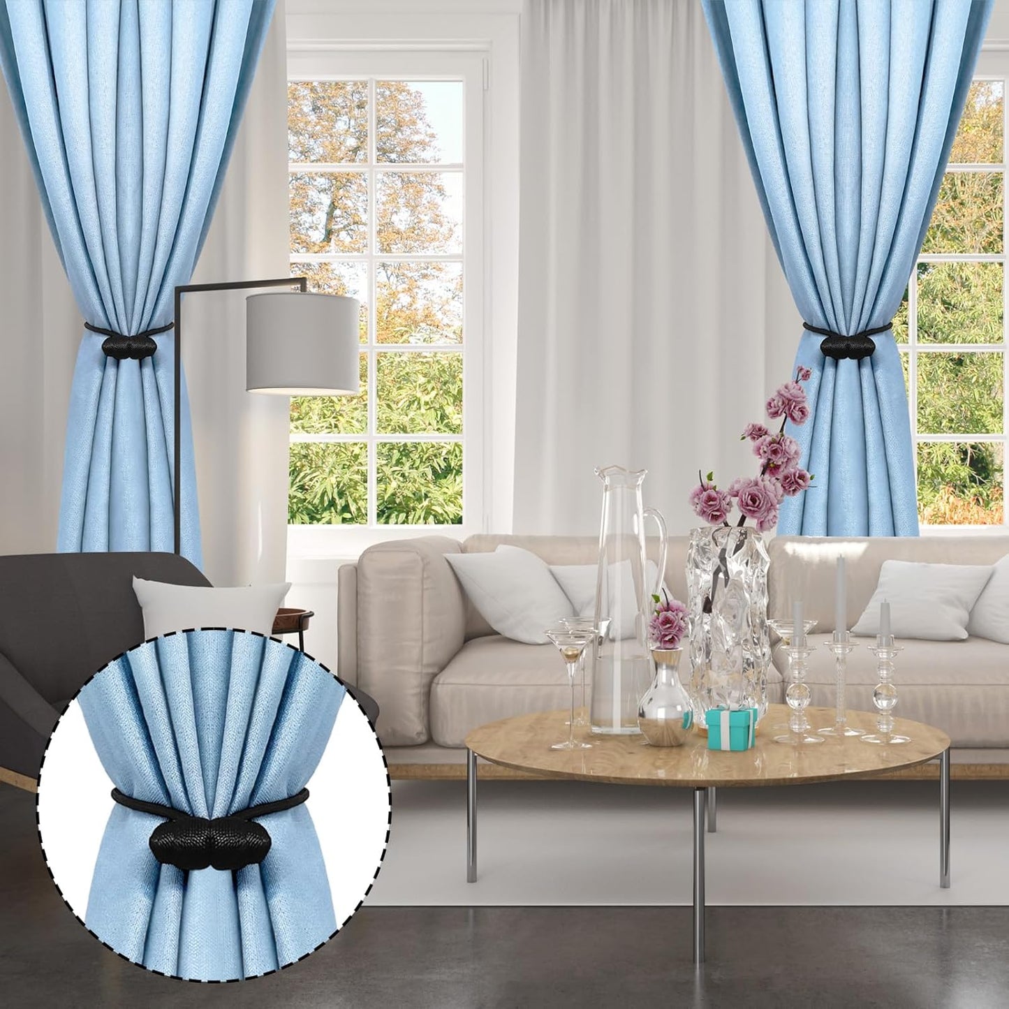 Black Magnetic Curtain Tiebacks - 4pcs Decorative Curtain Tie Backs, No Drill Closure Drapery Tiebacks Holdbacks, Boho Drapes Straps Ropes for Bedroom, Bathroom, Farmhouse Decor