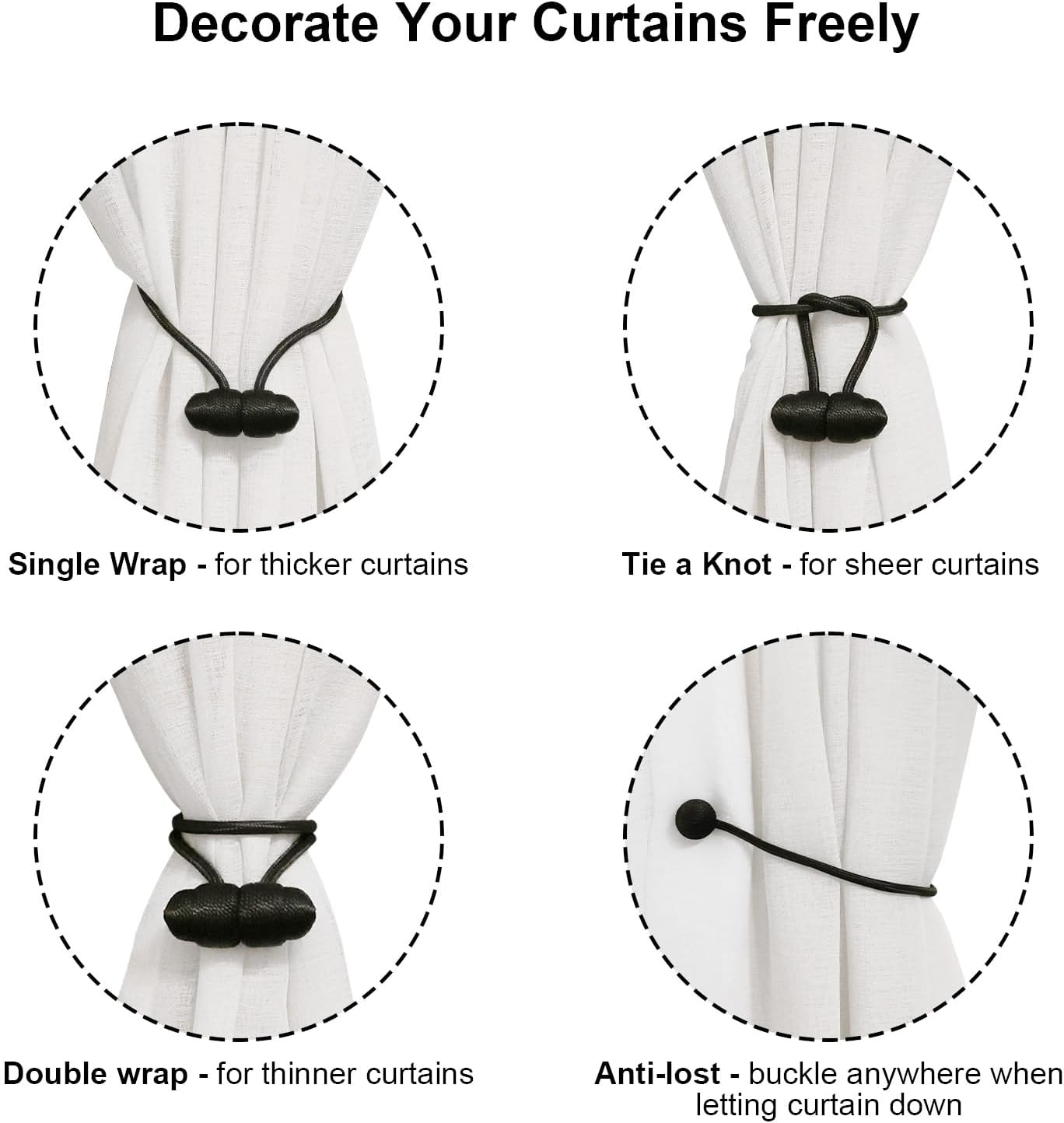 Black Magnetic Curtain Tiebacks - 4pcs Decorative Curtain Tie Backs, No Drill Closure Drapery Tiebacks Holdbacks, Boho Drapes Straps Ropes for Bedroom, Bathroom, Farmhouse Decor