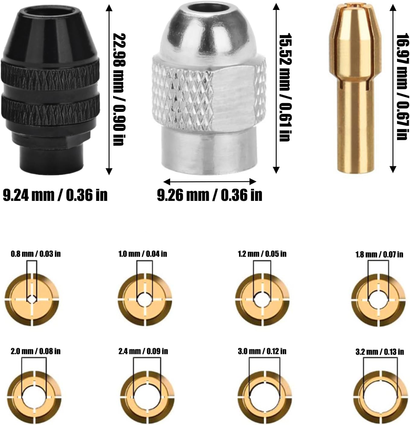 10Pcs Drill Chuck Collet Set for Dremel with 4485 Brass Collet Set 4486 Keyless Chuck for Dremel Rotary Tool 1/32" to 1/8" Keyless Drill Chuck Brass Chuck Collet Nut for Dremel