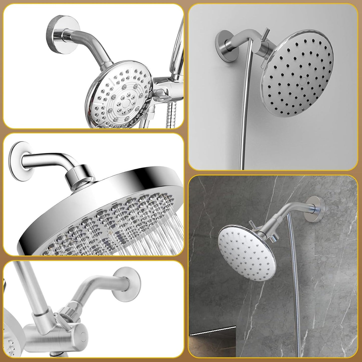 Shower Arm Flange Shower Pipe Arm 6 Inches Shower Head Mount 304 Stainless Steel Shower Handle Replacement Wall Mount Shower Neck for Fixed Shower Head & Handheld Showerhead (Silver)