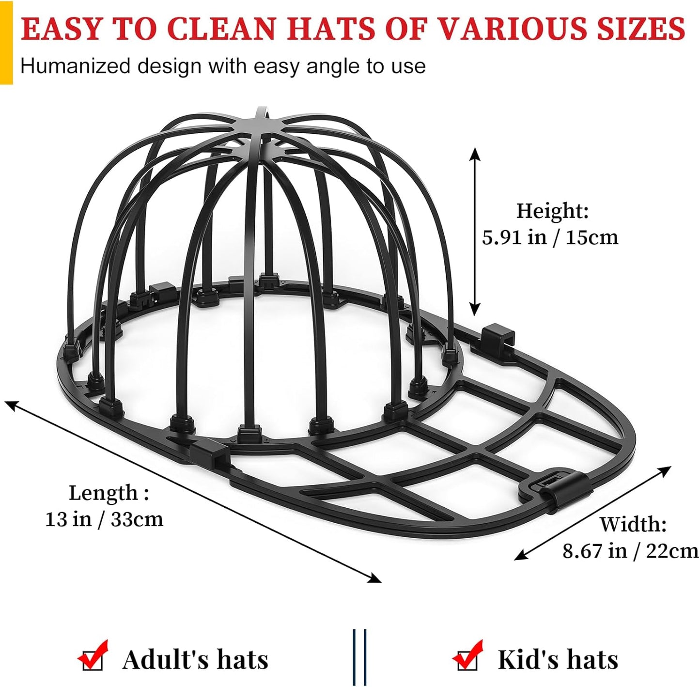 Hat Washer Cage for Washing Machine & Dishwasher- Ball Cap Washer for Baseball Caps & Hats, Baseball Cap Cleaner and Shaper, Fits Adult/Kids Caps (Black)