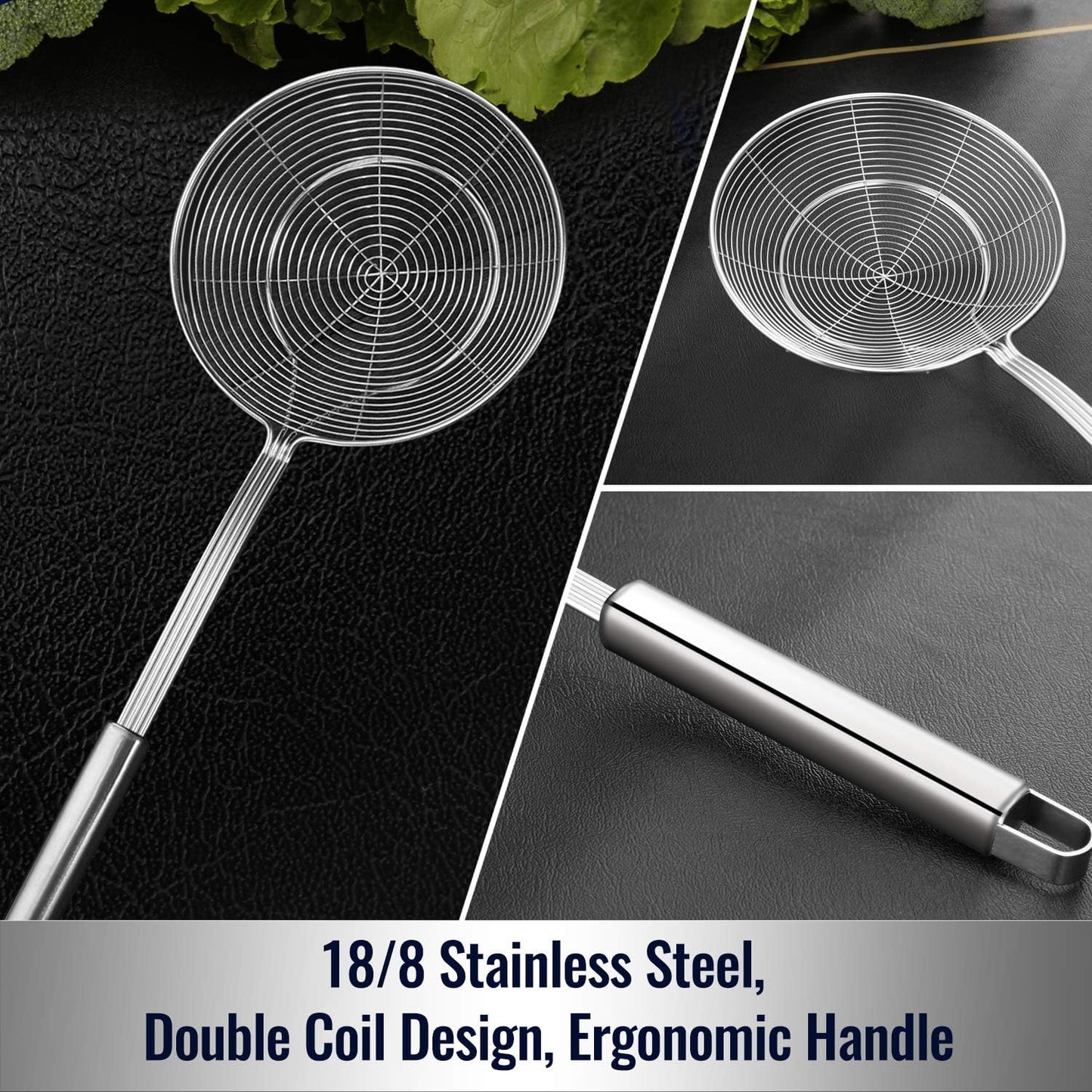 Solid Stainless Steel Spider Strainer Skimmer Ladle for Cooking and Frying, Kitchen Utensils Wire Strainer Pasta Spoon, 5.4 Inch