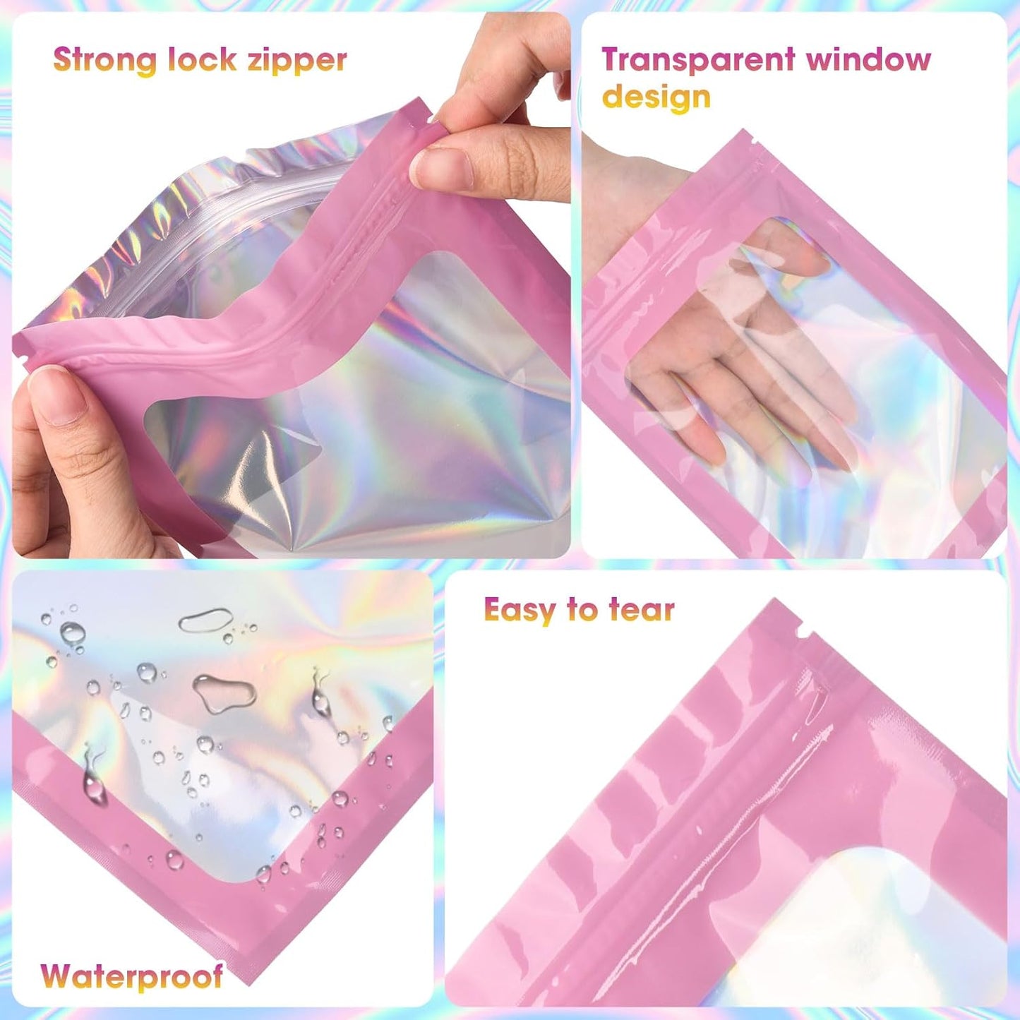 120PCS Smell Proof Mylar Bags,4"x6" Resealable Bag for Small Business,Holographic Packaging Bags with Clear Window,Foil Pouch Sample Snack Candy Jewelry Bag for Party Favors(Pink)