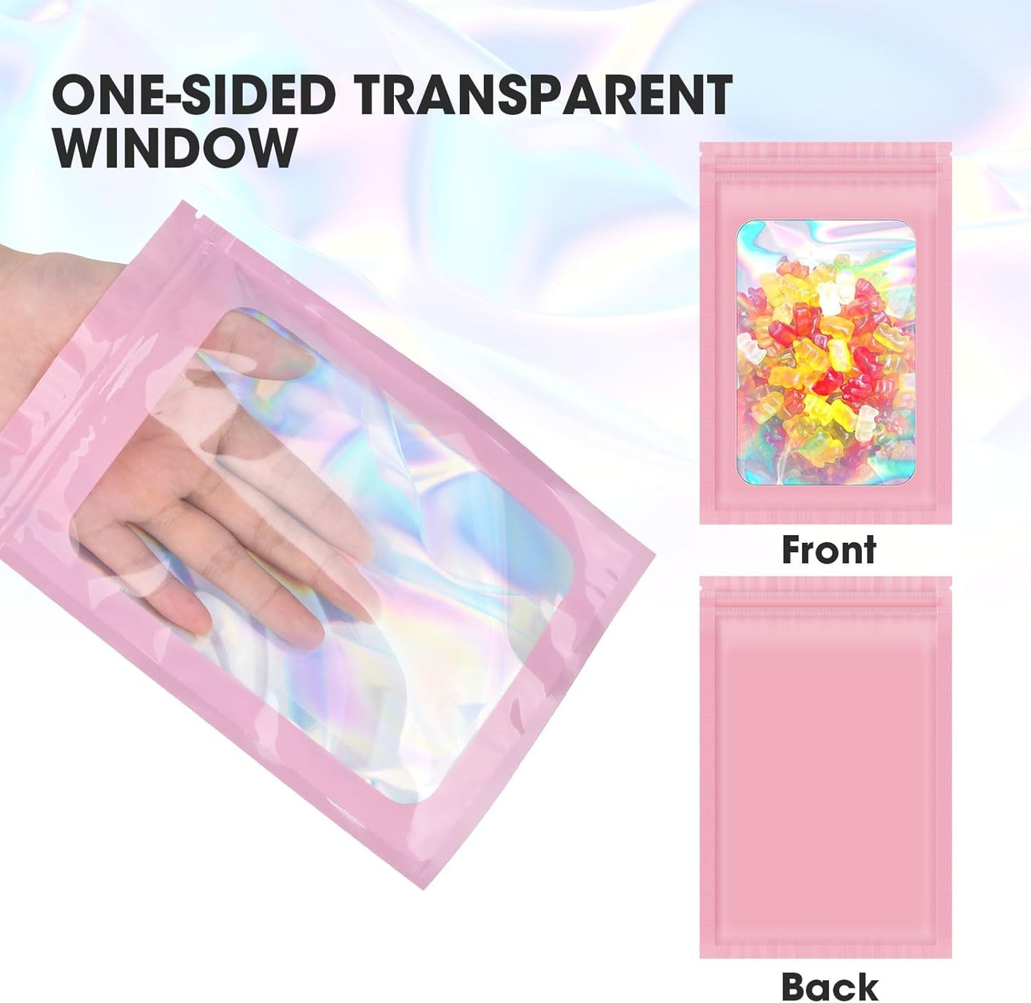 120PCS Smell Proof Mylar Bags,4"x6" Resealable Bag for Small Business,Holographic Packaging Bags with Clear Window,Foil Pouch Sample Snack Candy Jewelry Bag for Party Favors(Pink)