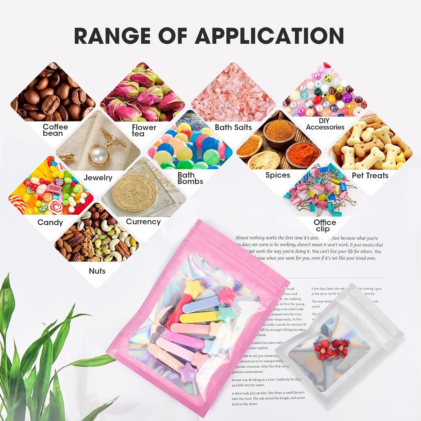 120PCS Smell Proof Mylar Bags,4"x6" Resealable Bag for Small Business,Holographic Packaging Bags with Clear Window,Foil Pouch Sample Snack Candy Jewelry Bag for Party Favors(Pink)