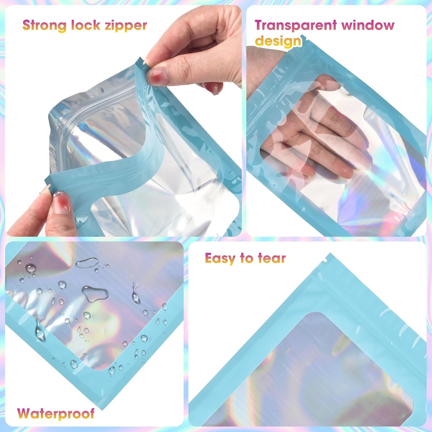 120PCS Smell Proof Mylar Bags,7.8"x11.8" Resealable Bag for Small Business,Holographic Packaging Bags with Clear Window,Foil Pouch Sample Snack Candy Jewelry Bag for Party Favors(Blue)