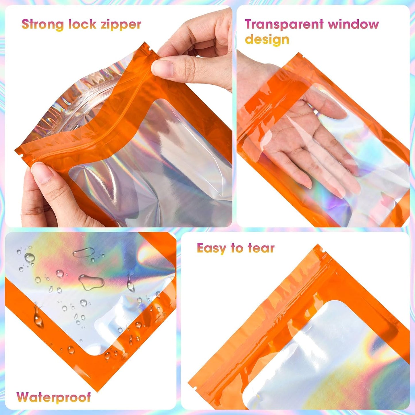 120PCS Smell Proof Mylar Bags,7.8"x11.8" Resealable Bag for Small Business,Holographic Packaging Bags with Clear Window,Foil Pouch Sample Snack Candy Jewelry Bag for Party Favors(Orange)