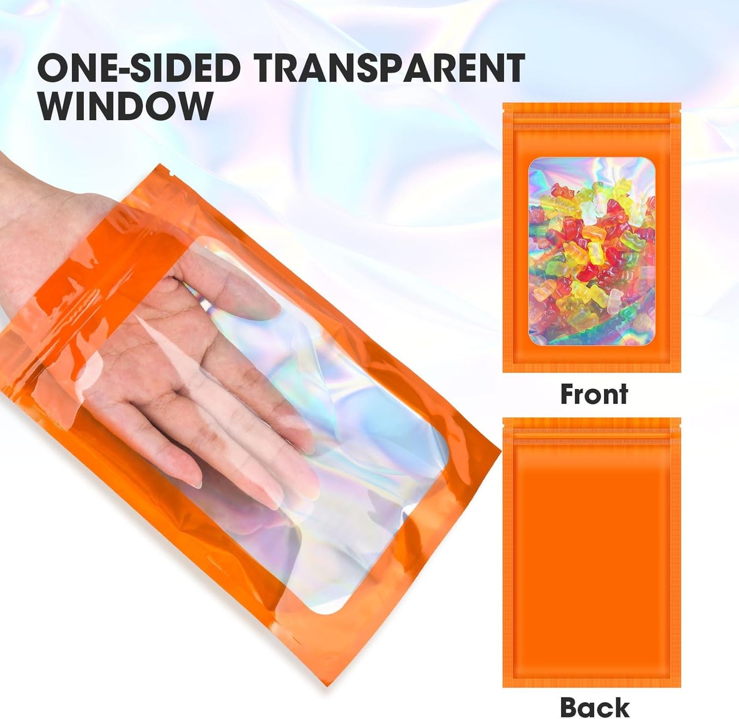 120PCS Smell Proof Mylar Bags,7.8"x11.8" Resealable Bag for Small Business,Holographic Packaging Bags with Clear Window,Foil Pouch Sample Snack Candy Jewelry Bag for Party Favors(Orange)