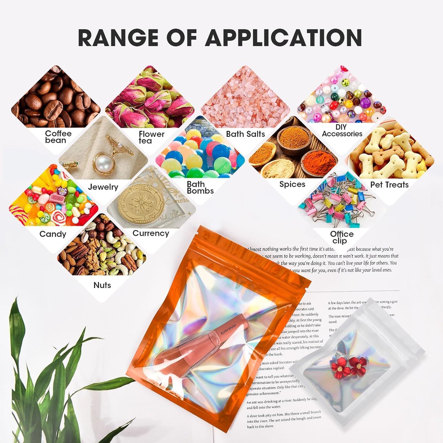 120PCS Smell Proof Mylar Bags,7.8"x11.8" Resealable Bag for Small Business,Holographic Packaging Bags with Clear Window,Foil Pouch Sample Snack Candy Jewelry Bag for Party Favors(Orange)