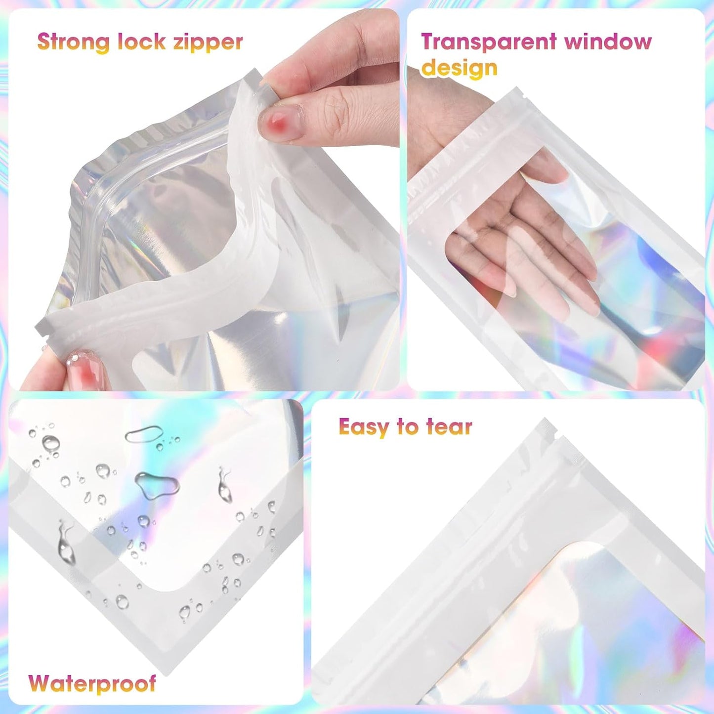 120PCS Smell Proof Mylar Bags,7.8"x11.8" Resealable Bag for Small Business,Holographic Packaging Bags with Clear Window,Foil Pouch Sample Snack Candy Jewelry Bag for Party Favors(White)