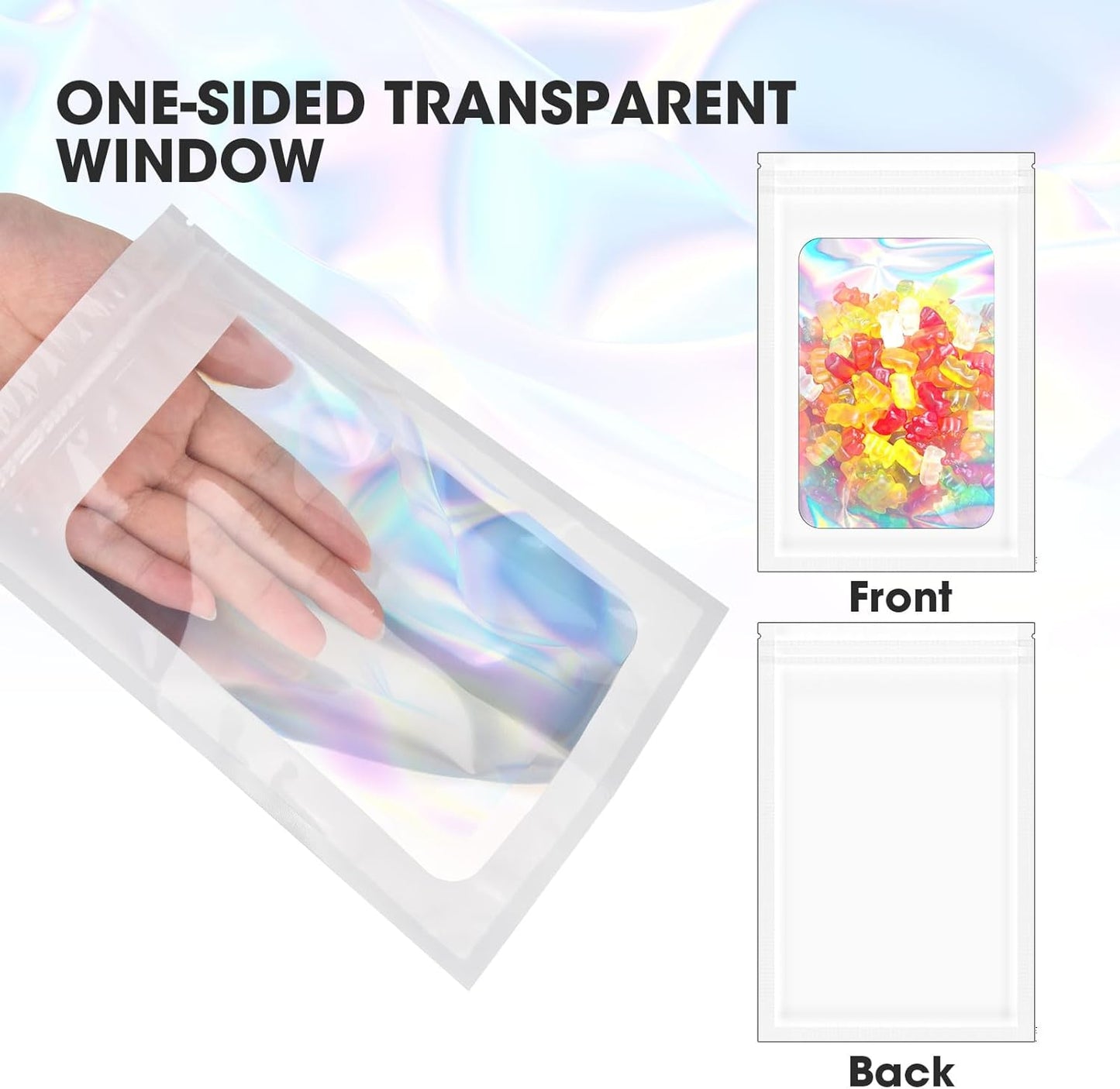 120PCS Smell Proof Mylar Bags,7.8"x11.8" Resealable Bag for Small Business,Holographic Packaging Bags with Clear Window,Foil Pouch Sample Snack Candy Jewelry Bag for Party Favors(White)