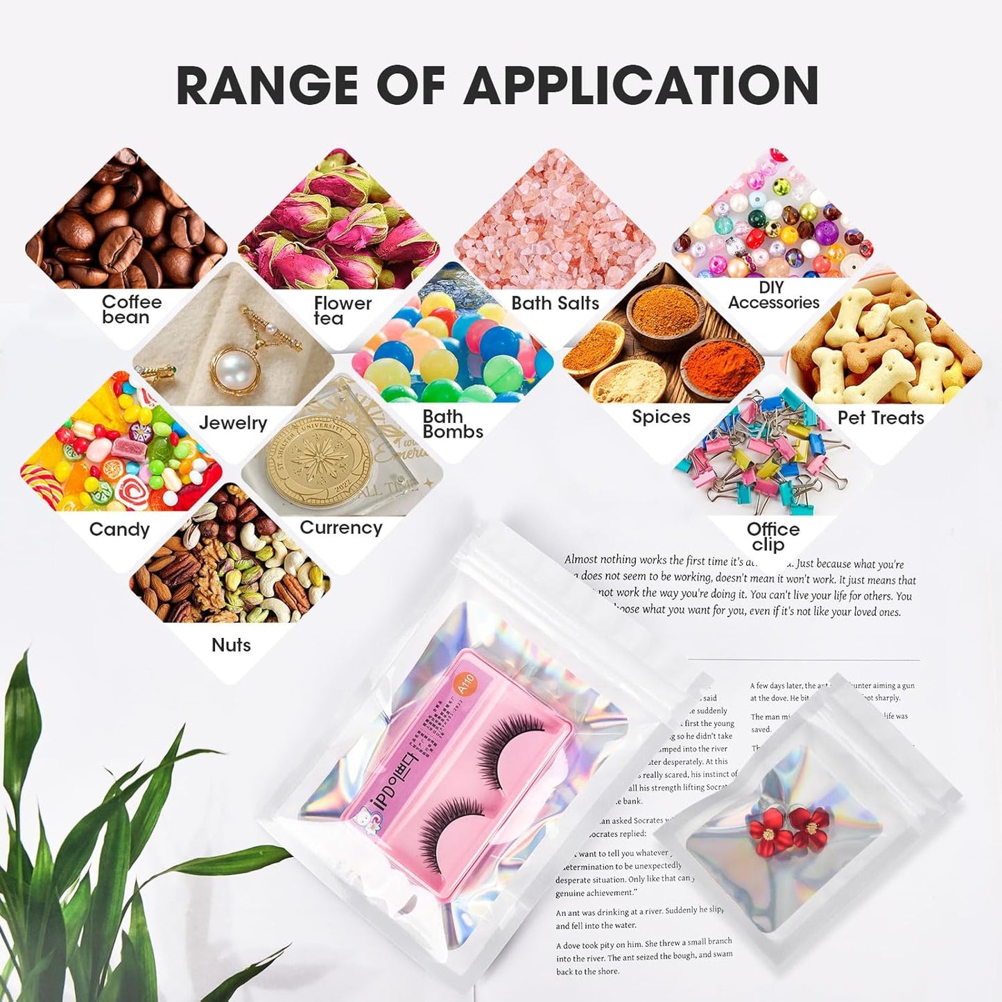 120PCS Smell Proof Mylar Bags,7.8"x11.8" Resealable Bag for Small Business,Holographic Packaging Bags with Clear Window,Foil Pouch Sample Snack Candy Jewelry Bag for Party Favors(White)