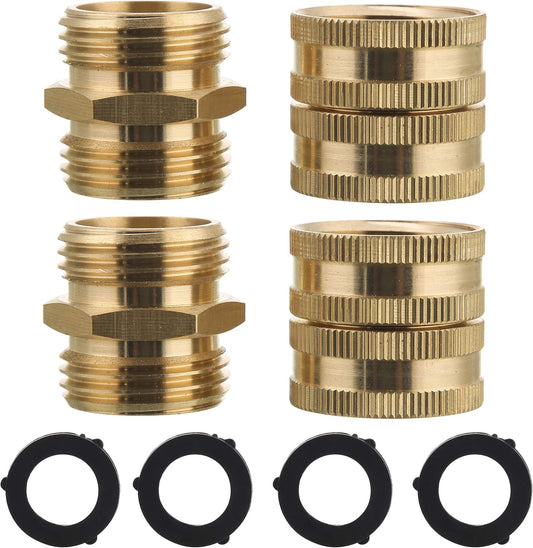 Garden Hose Adapter, Male to Male, Female to Female, 3/4 Inch Brass Connector, 4-Pack with Extra 4 Washers