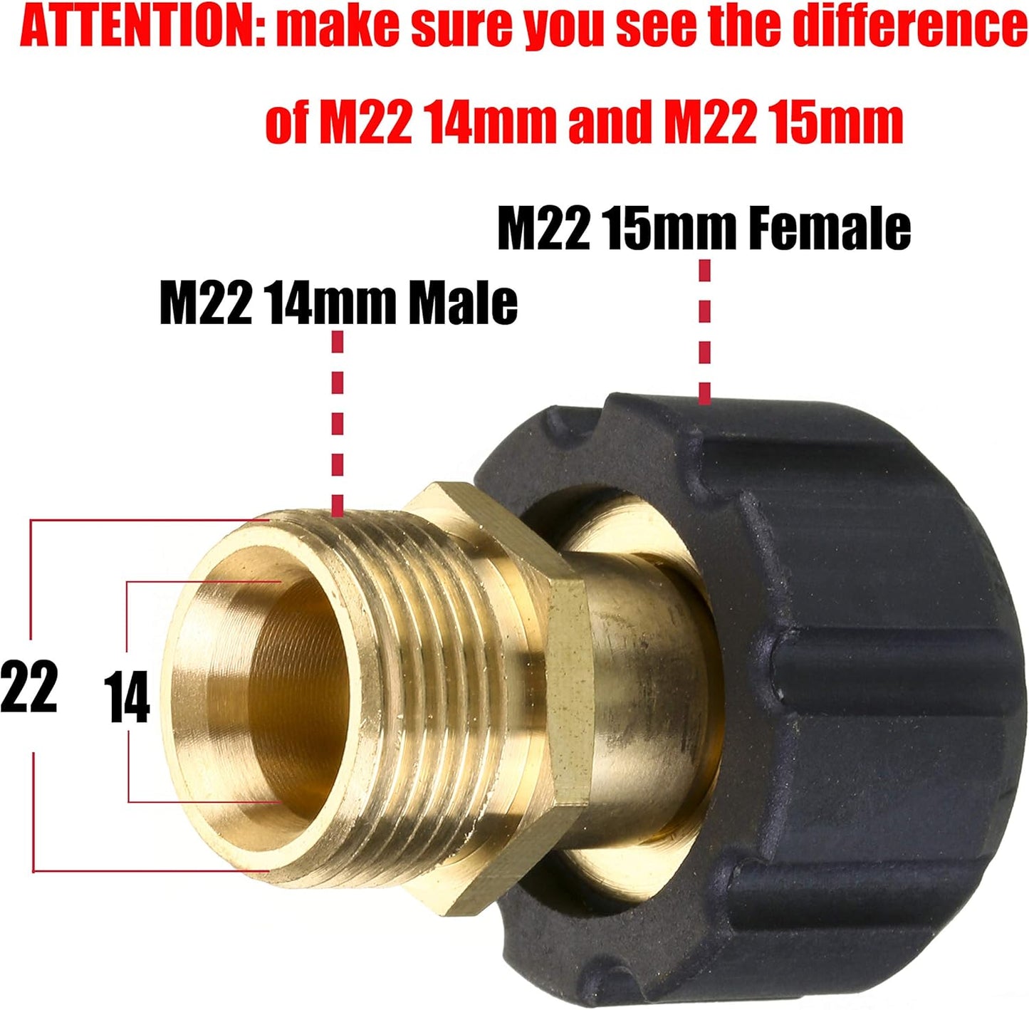 Pressure Washer Adapter, Metric M22 15mm Female Thread to M22 14mm Male Fitting, 4500 PSI