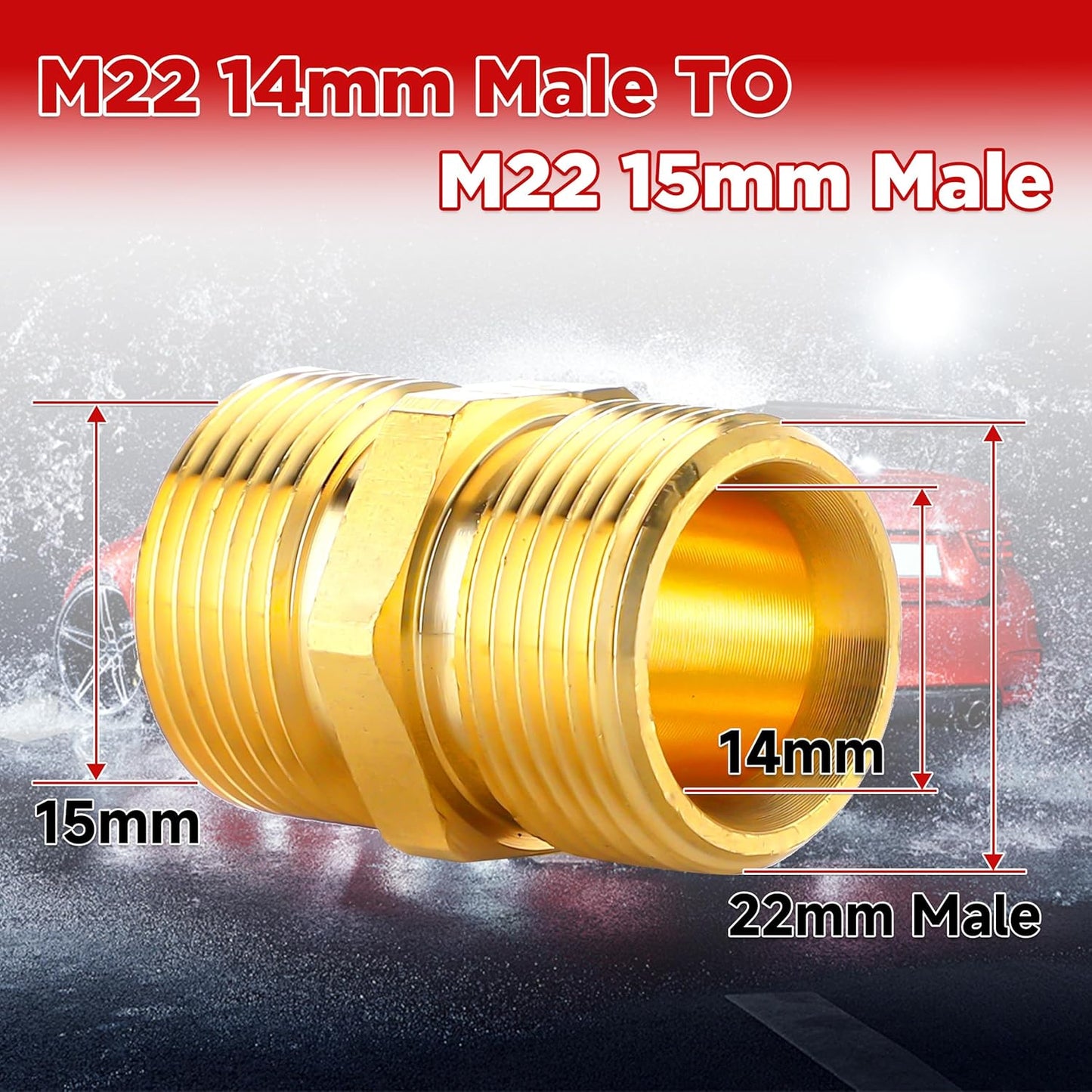 Pressure Washer Coupler, Metric M22 15mm Male Thread to M22 14mm Male Fitting, 4500 PSI