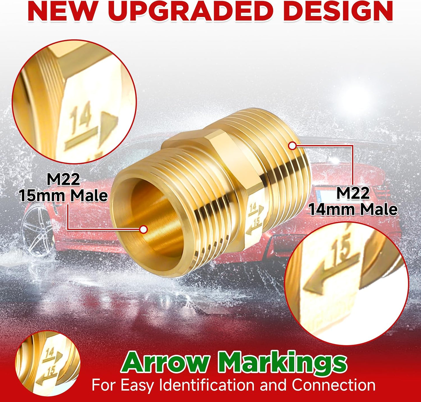 Pressure Washer Coupler, Metric M22 15mm Male Thread to M22 14mm Male Fitting, 4500 PSI