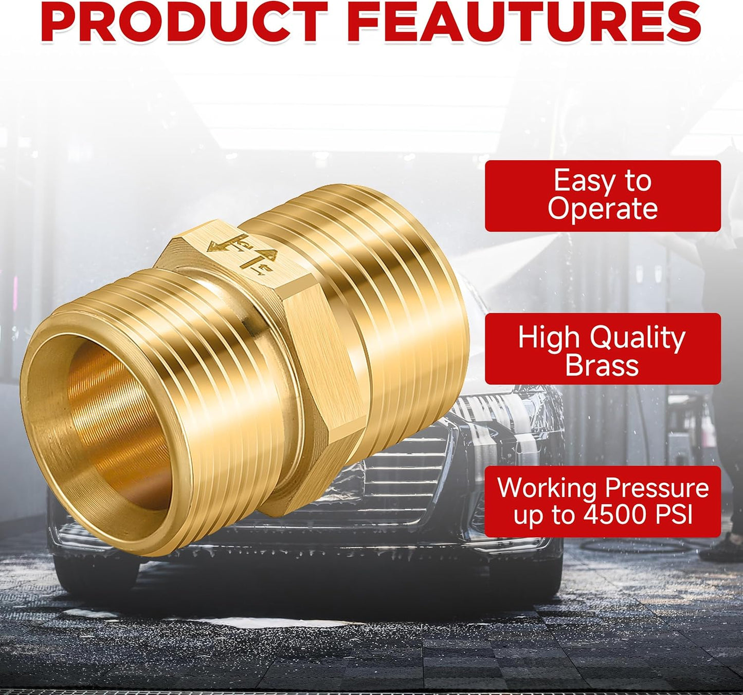 Pressure Washer Coupler, Metric M22 15mm Male Thread to M22 14mm Male Fitting, 4500 PSI