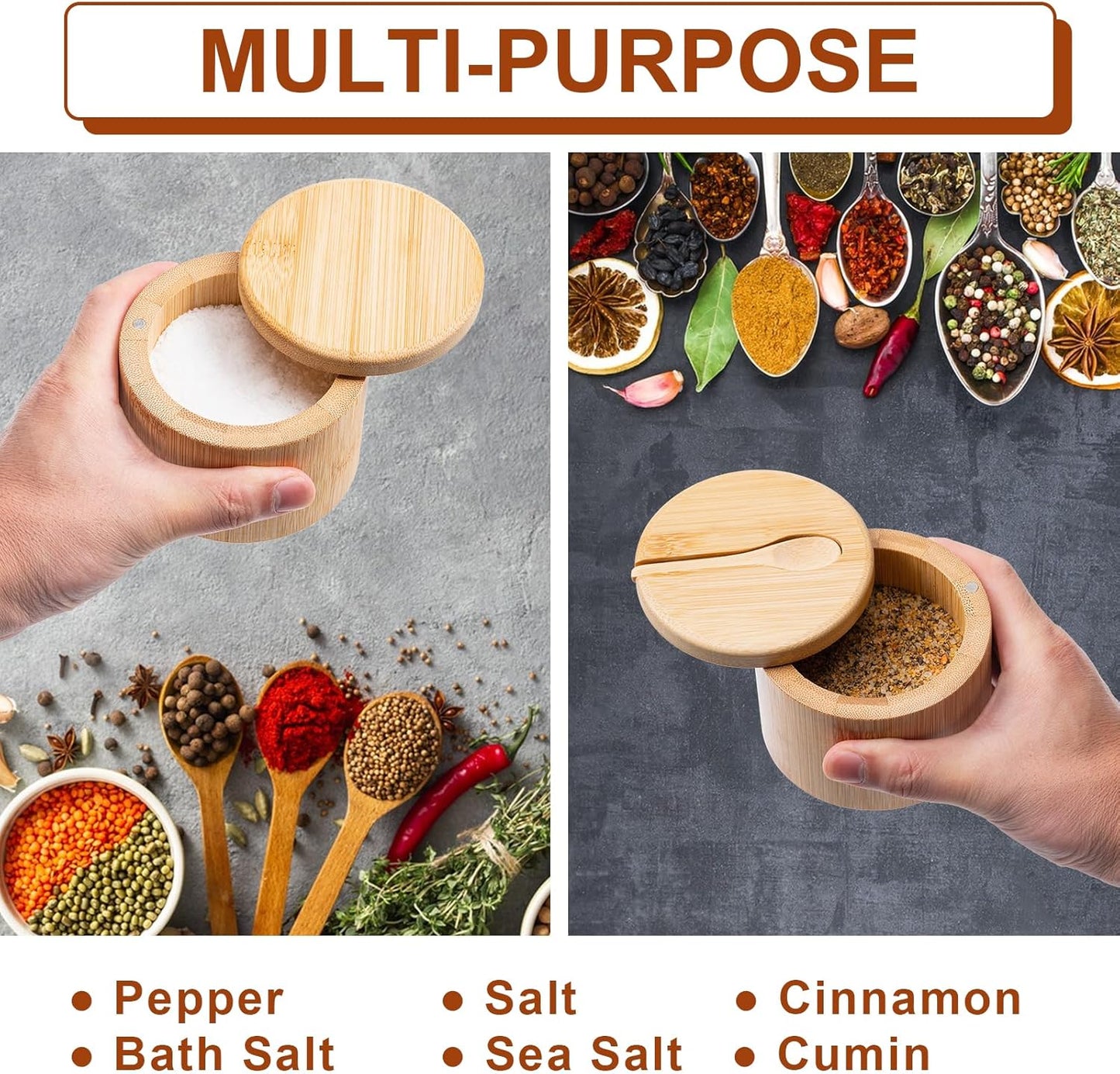 Bamboo Salt Cellar, Magnetic Swivel Lid Salt Box, Round Container for Storing Pepper Sugar Herbs, 6 Ounce Capacity