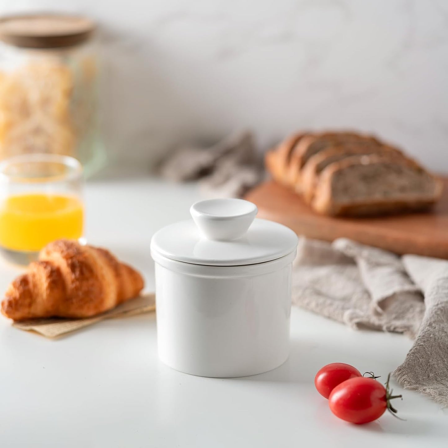 Butter Crock With Water Line for Countertop, French Dish With Lid, Ceramic Keeper for Fresh Spreadable Butter, Container Holder for Kitchen and Home Decor, White