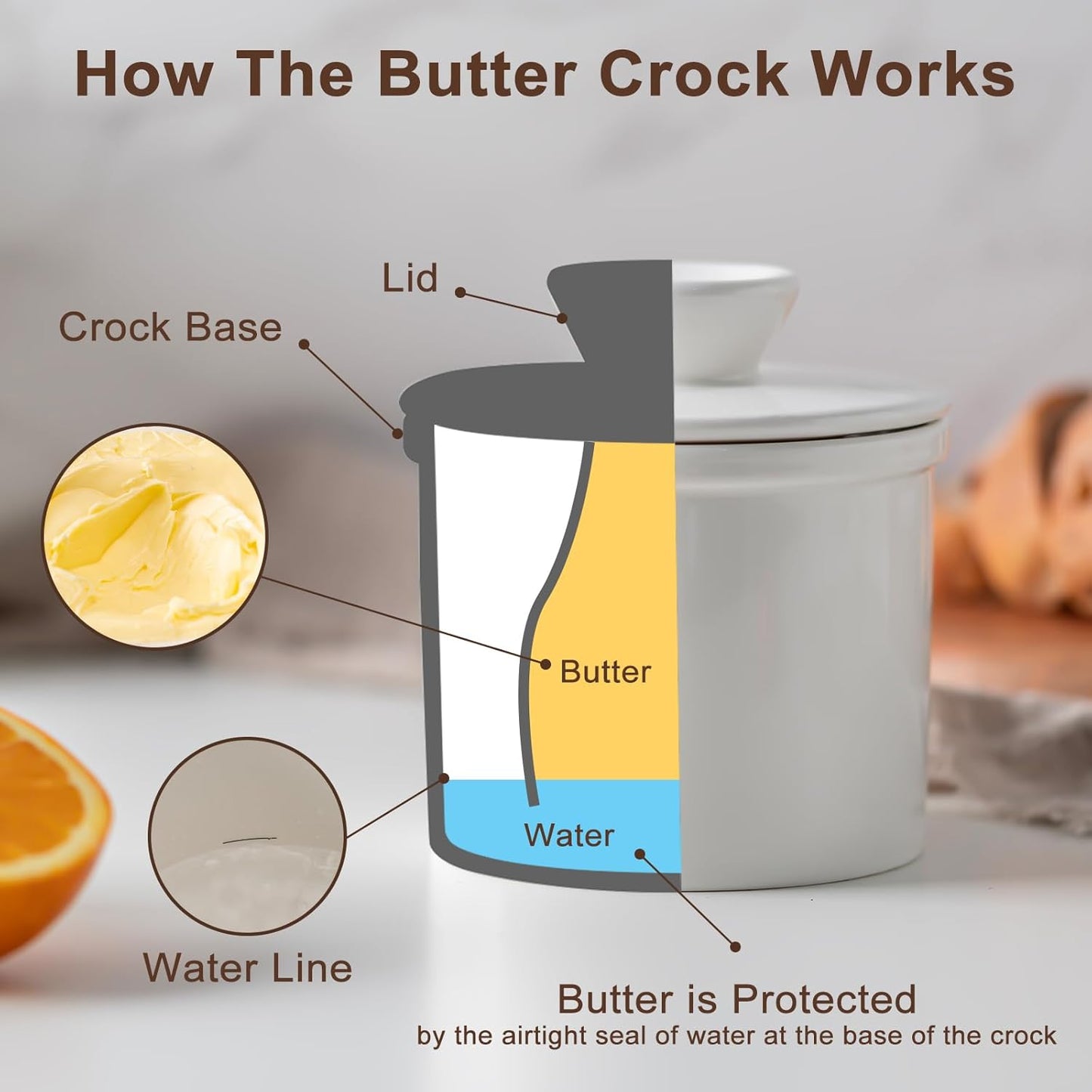 Butter Crock With Water Line for Countertop, French Dish With Lid, Ceramic Keeper for Fresh Spreadable Butter, Container Holder for Kitchen and Home Decor, White
