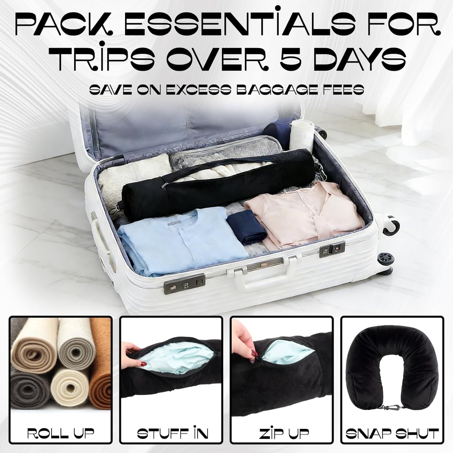 1-Pack Stuffable Travel Pillow for Extra Luggage - Travel Neck Pillow with Adjustable Neck Size - Multifunctional Velvet Neck Pillowcas - Sleeping Rest Cushion Travel Essentials