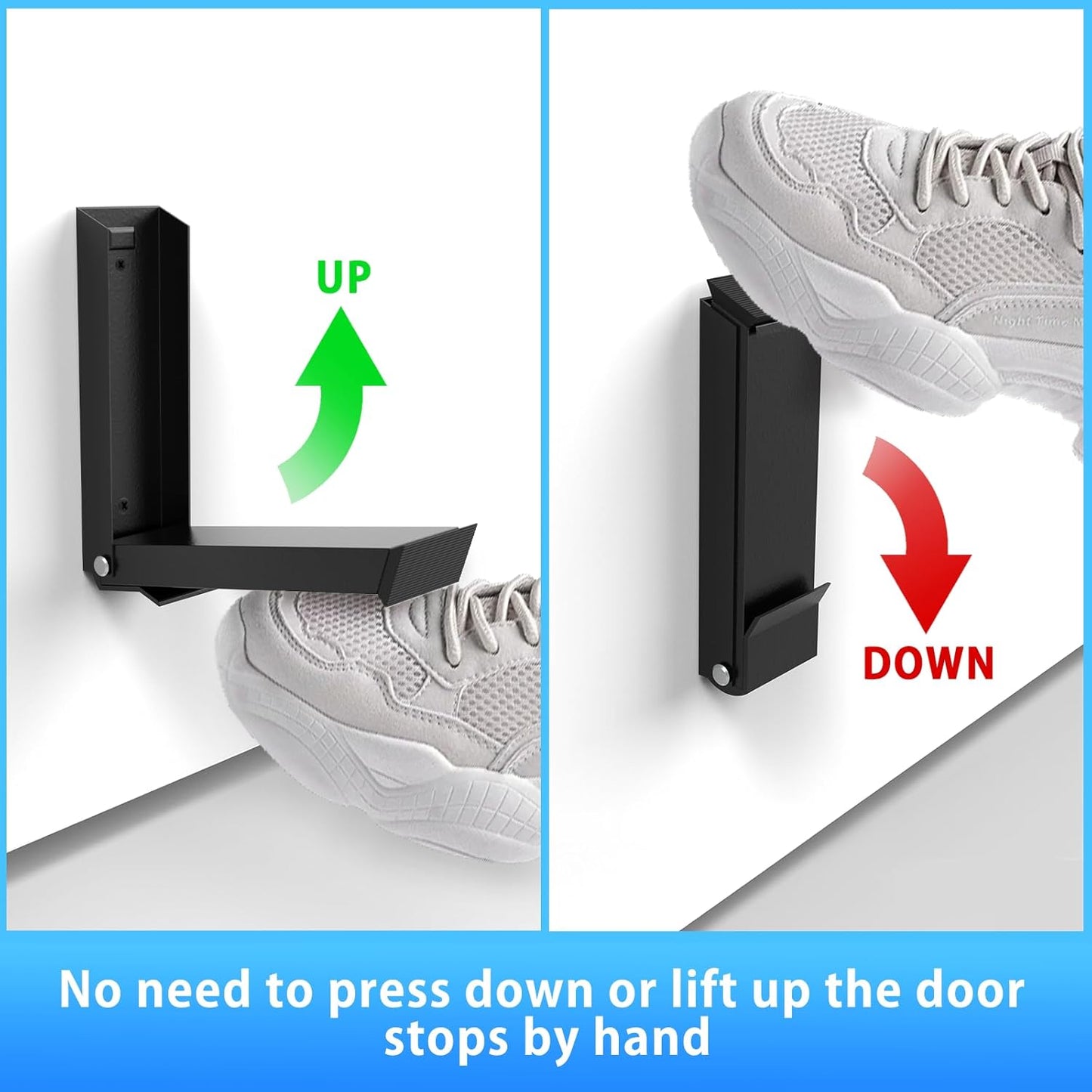 Black Folding Metal Door Stop Foot Operated No Drilling Installation